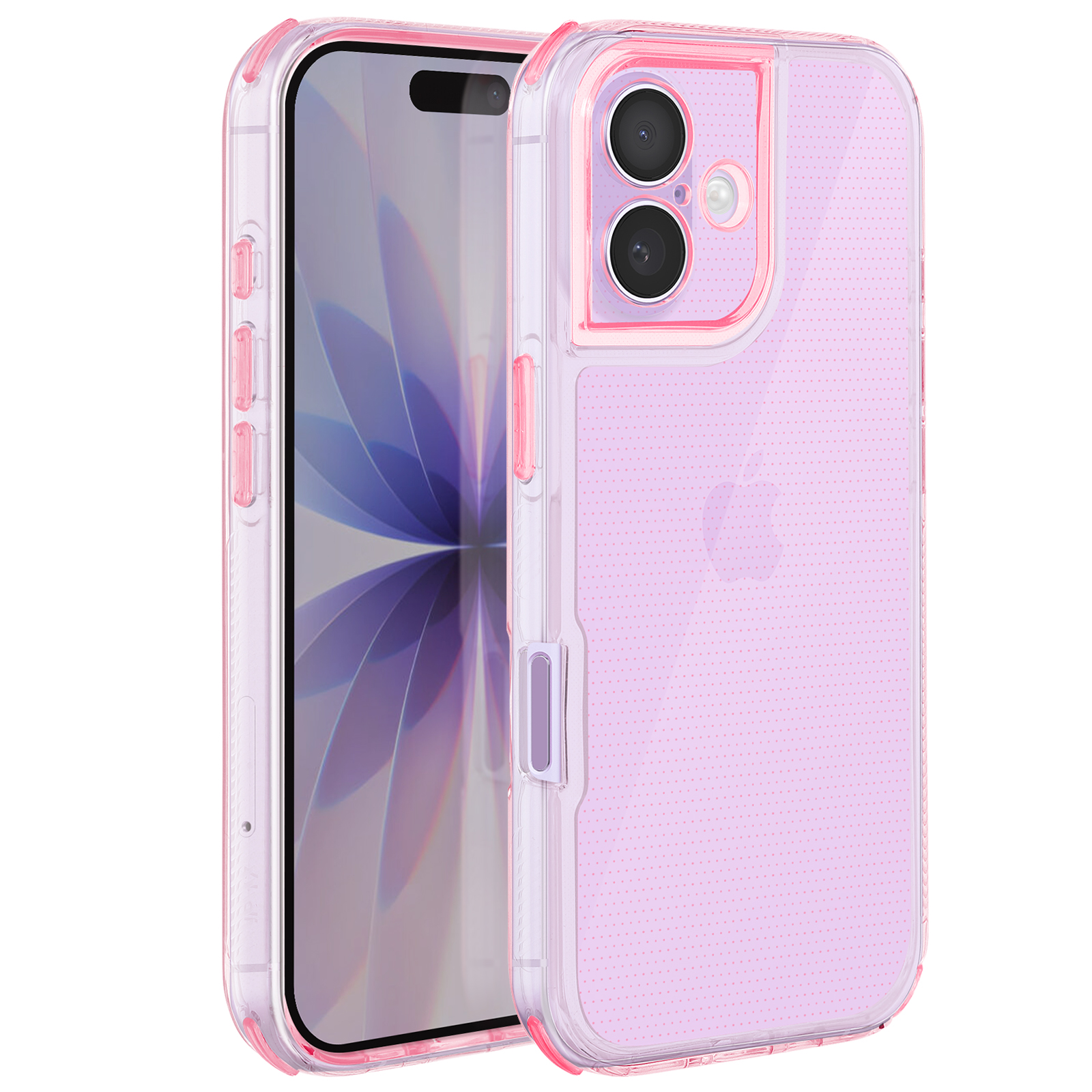 Una custodia rosa per telefono su un telefono. La custodia è trasparente con dettagli rosa. Lo schermo mostra un design viola.