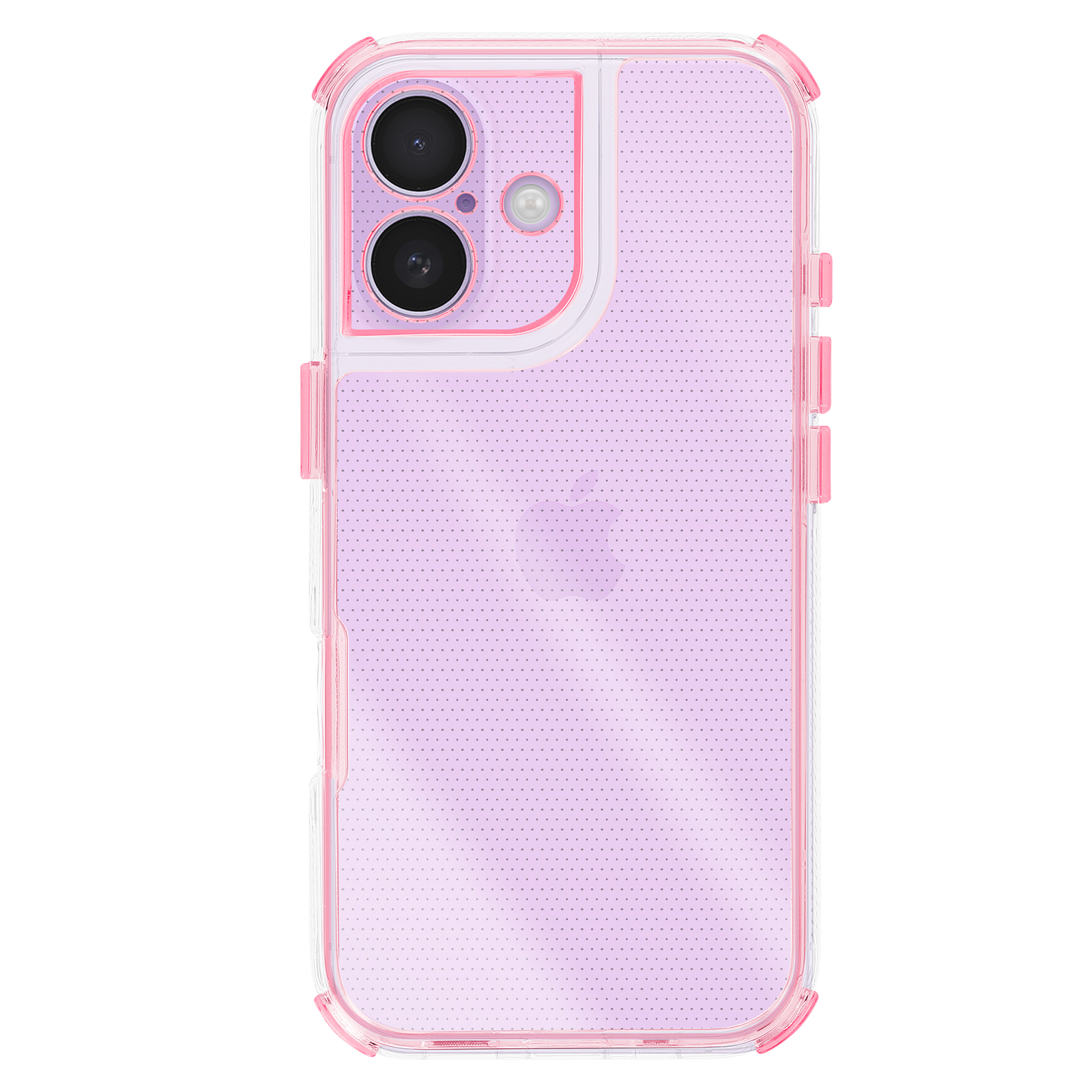 Custodia per telefono con dettagli rosa. Cornice trasparente, retro rosa a pois. Due lenti della fotocamera visibili.
