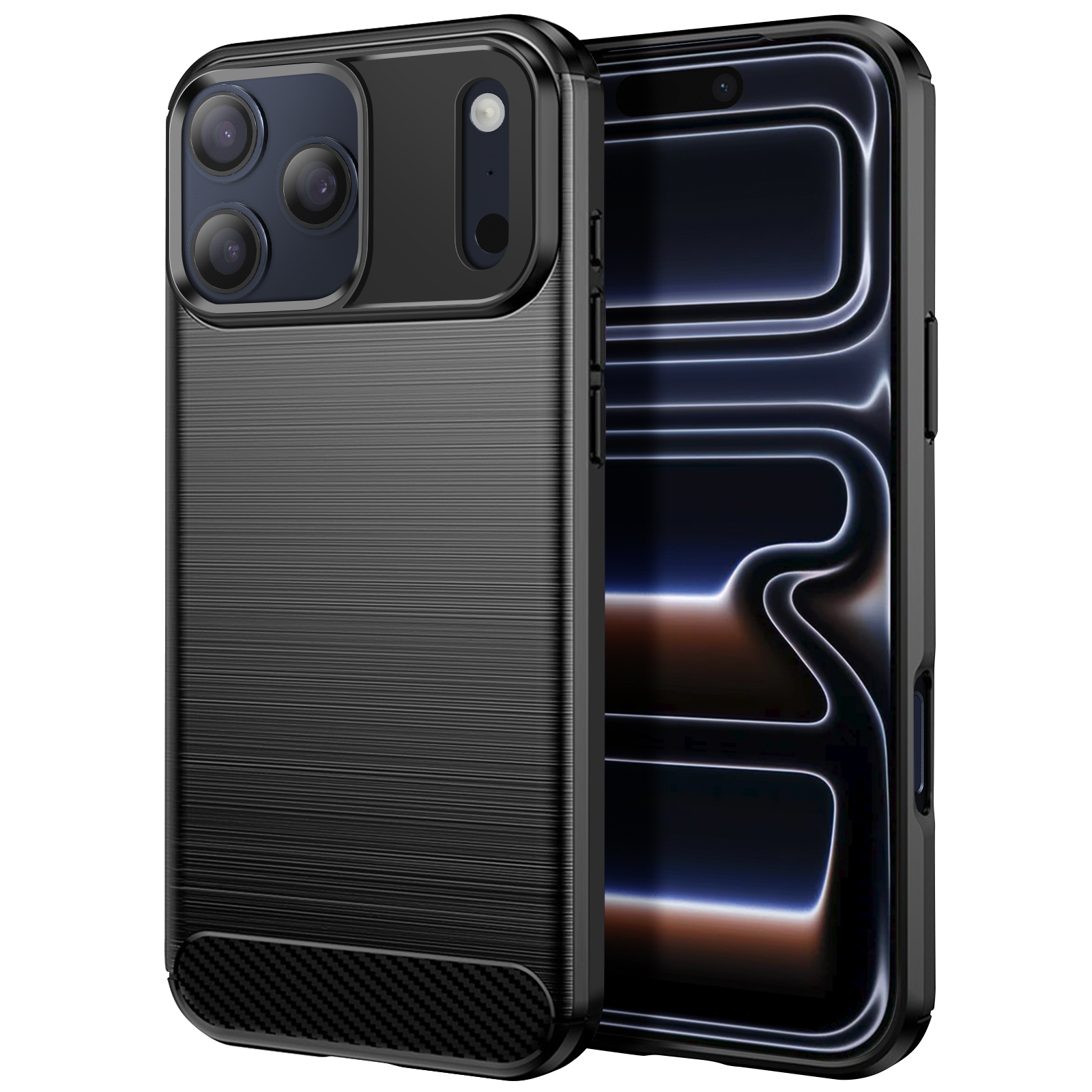 Custodia nera per telefono con finitura strutturata. Tre lenti della fotocamera visibili. Schermo con linee bianche luminose.