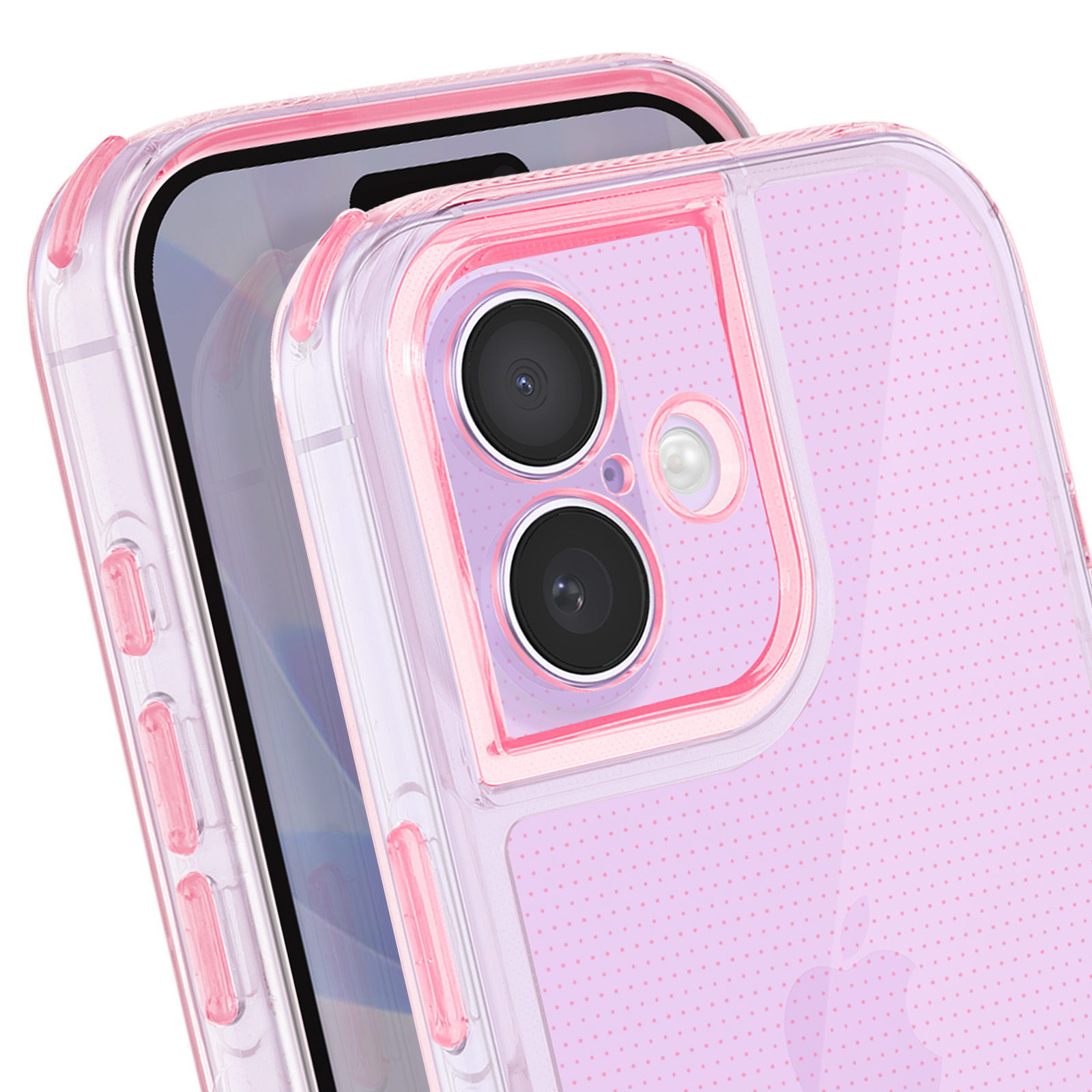 Custodia trasparente per telefono con dettagli rosa. Schermo del telefono visibile. Obiettivi della fotocamera doppi. Motivo a pois rosa.