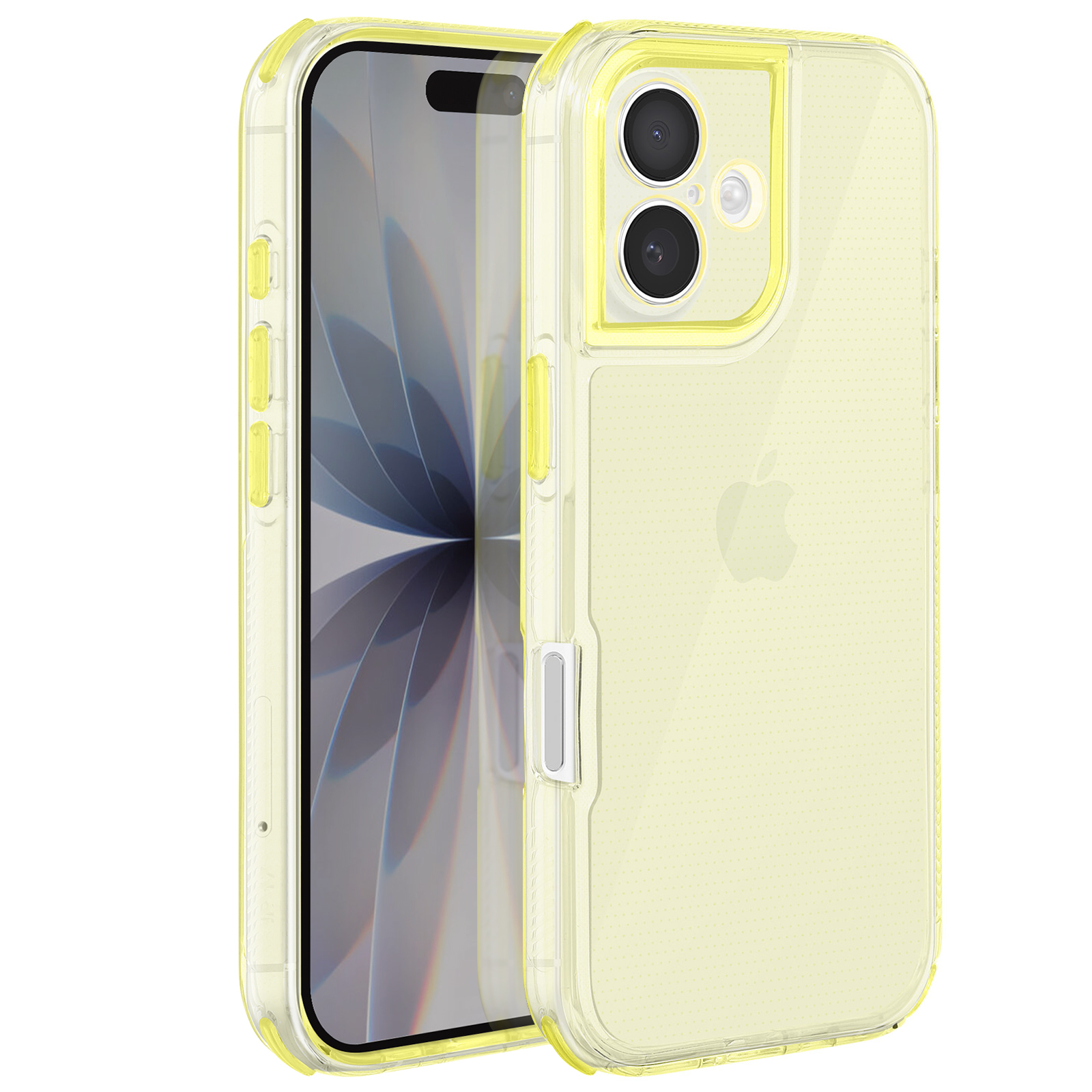 Un iPhone in una custodia gialla trasparente. La custodia è aperta, mostrando lo schermo del telefono. Lo sfondo è bianco.