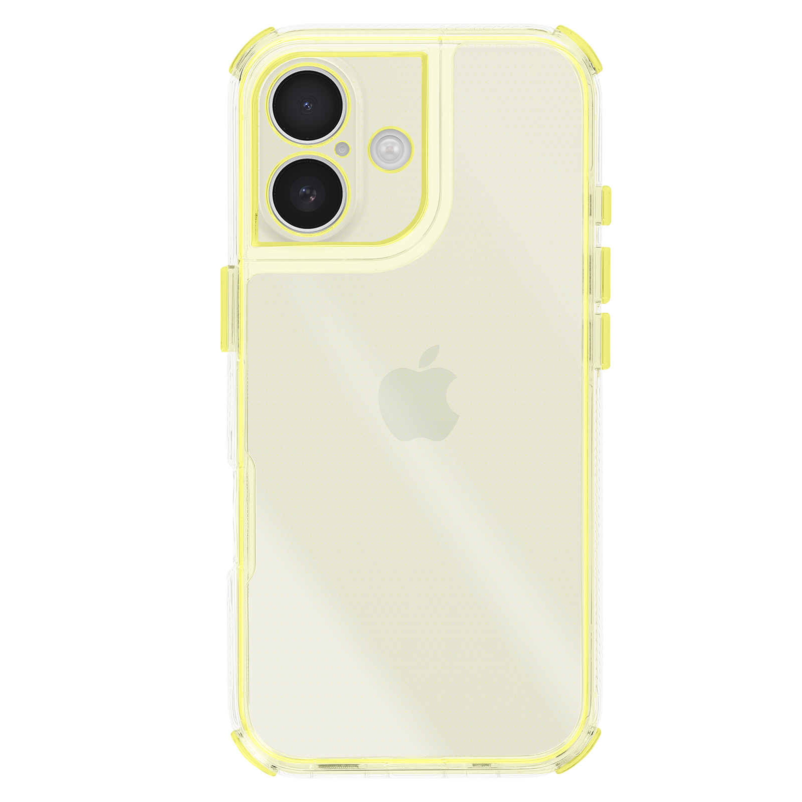 Una custodia trasparente per telefono con bordi gialli, che copre un telefono con doppia fotocamera e logo Apple.