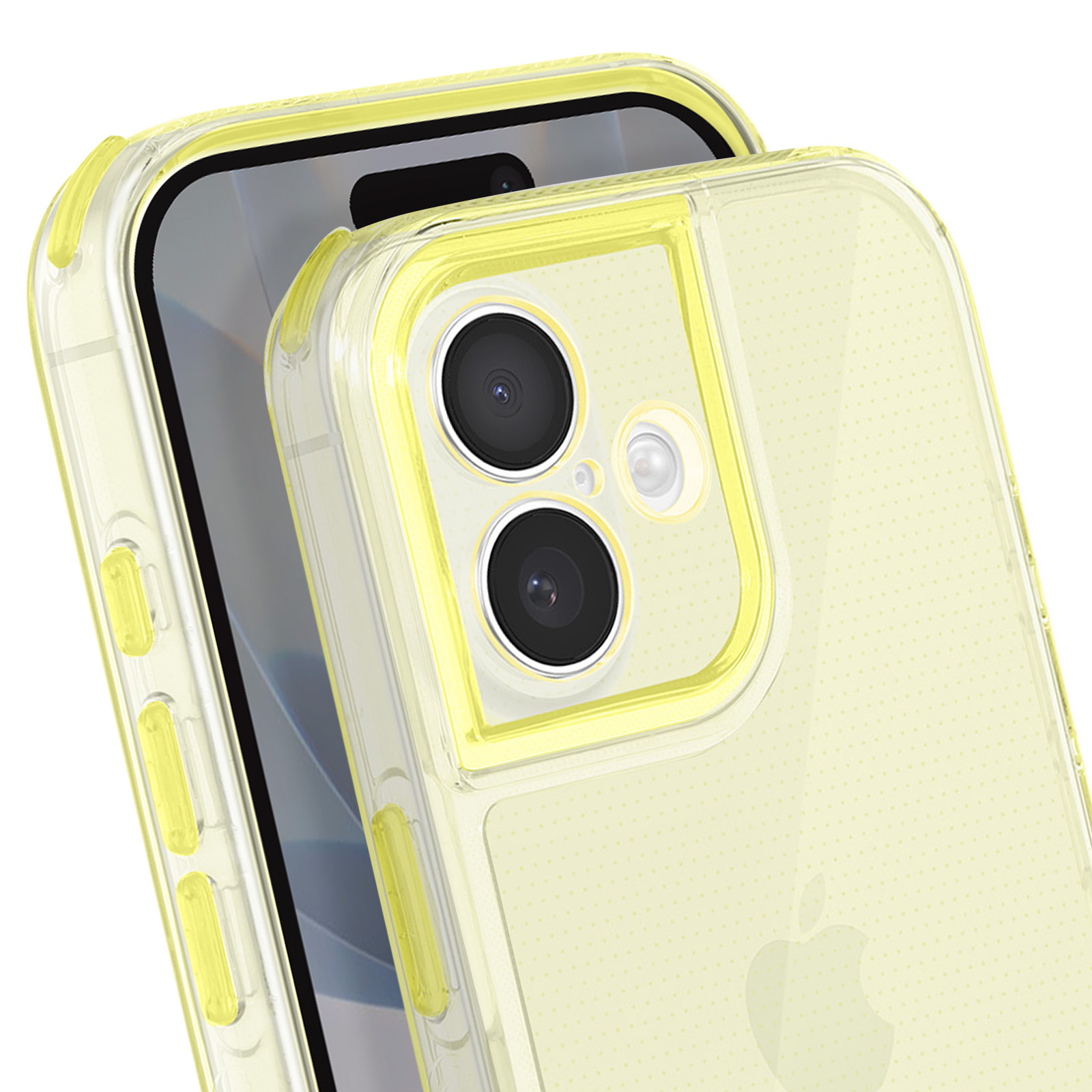 Primo piano di due custodie per telefono. La custodia esterna è trasparente con dettagli gialli. Fotocamere del telefono visibili.