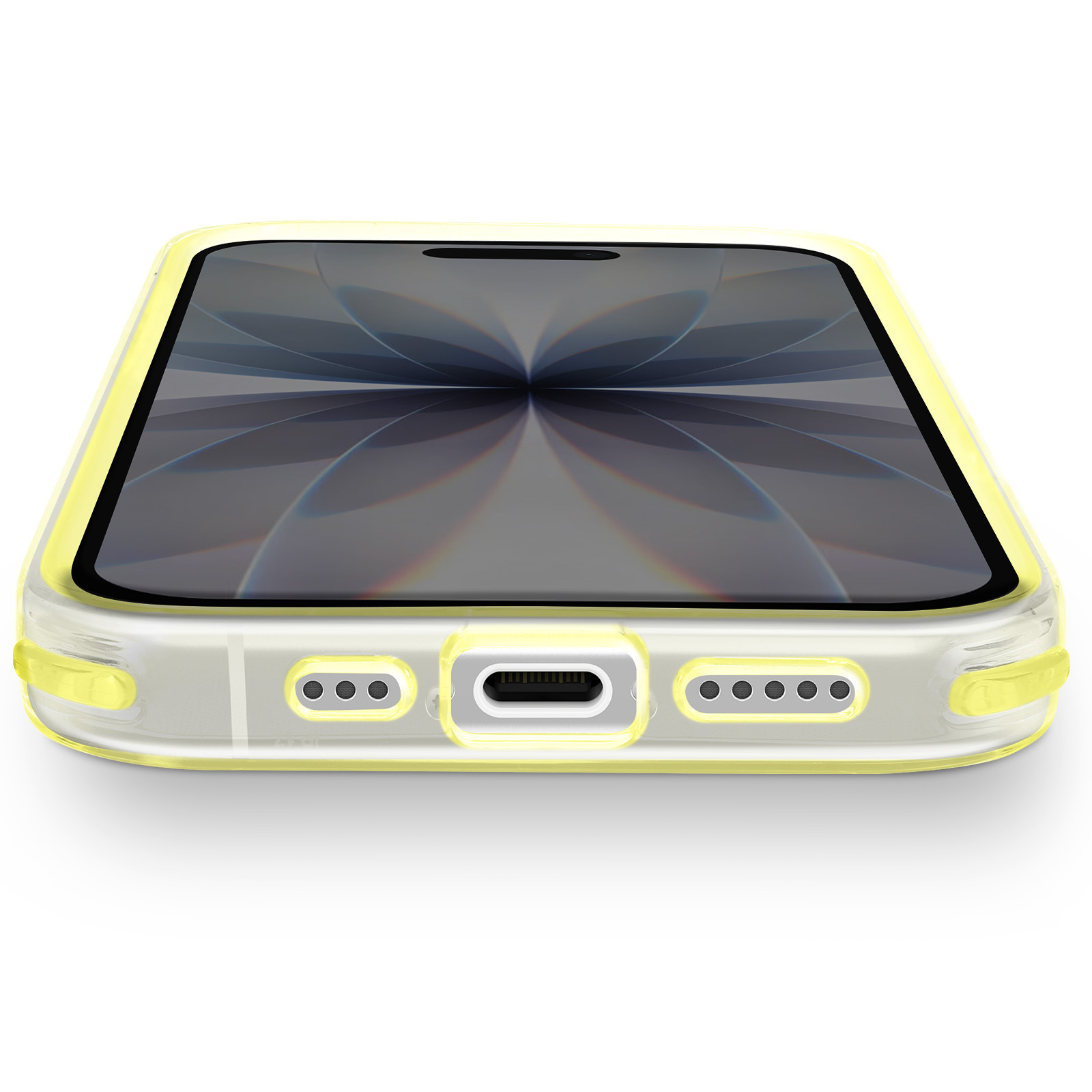 Uno smartphone in una custodia gialla. Lo schermo mostra un design. La custodia ha un corpo trasparente.