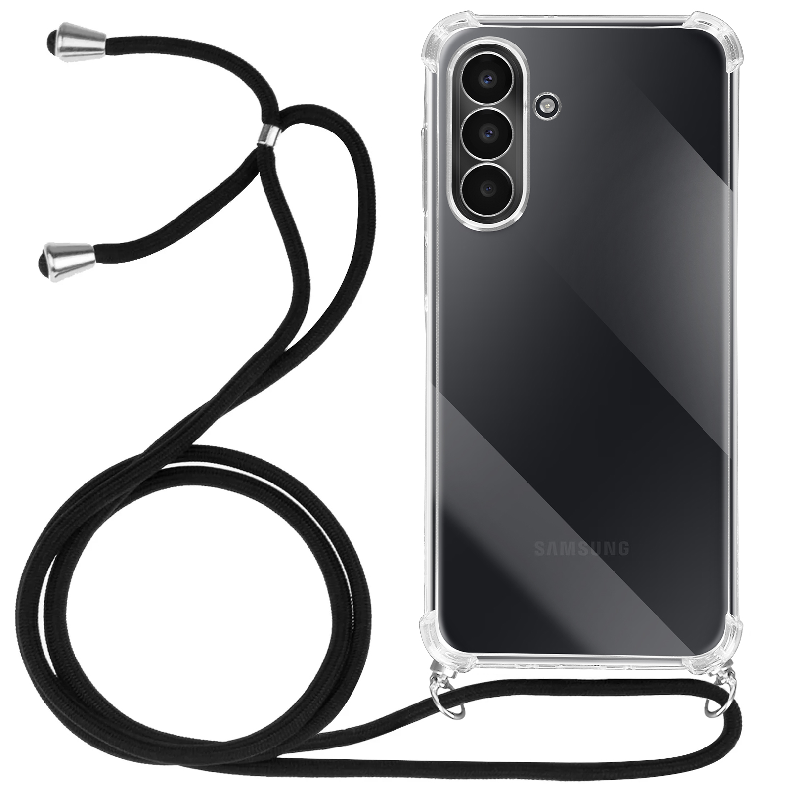 Una custodia trasparente per telefono con cordino nero. Il telefono ha tre fotocamere. Il cordino ha punte argentate e un anello.