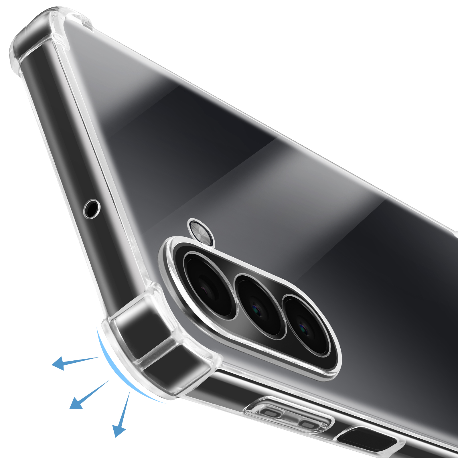 Custodia trasparente per telefono su sfondo bianco, con modulo fotocamera in vista. Frecce indicano la protezione.