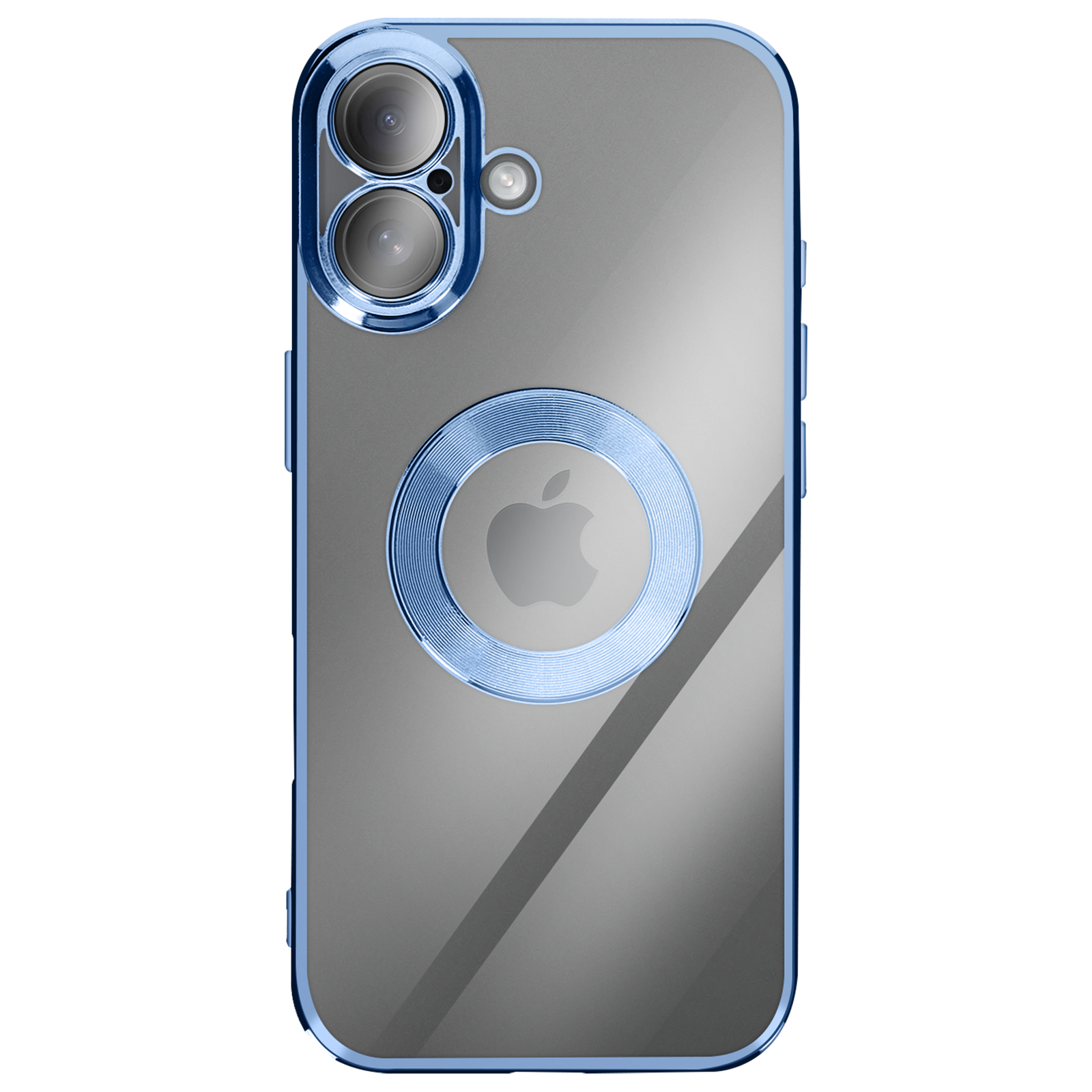 Une coque de téléphone avec des accents bleus et des anneaux de caméra. Un logo Apple est visible. La coque est transparente.