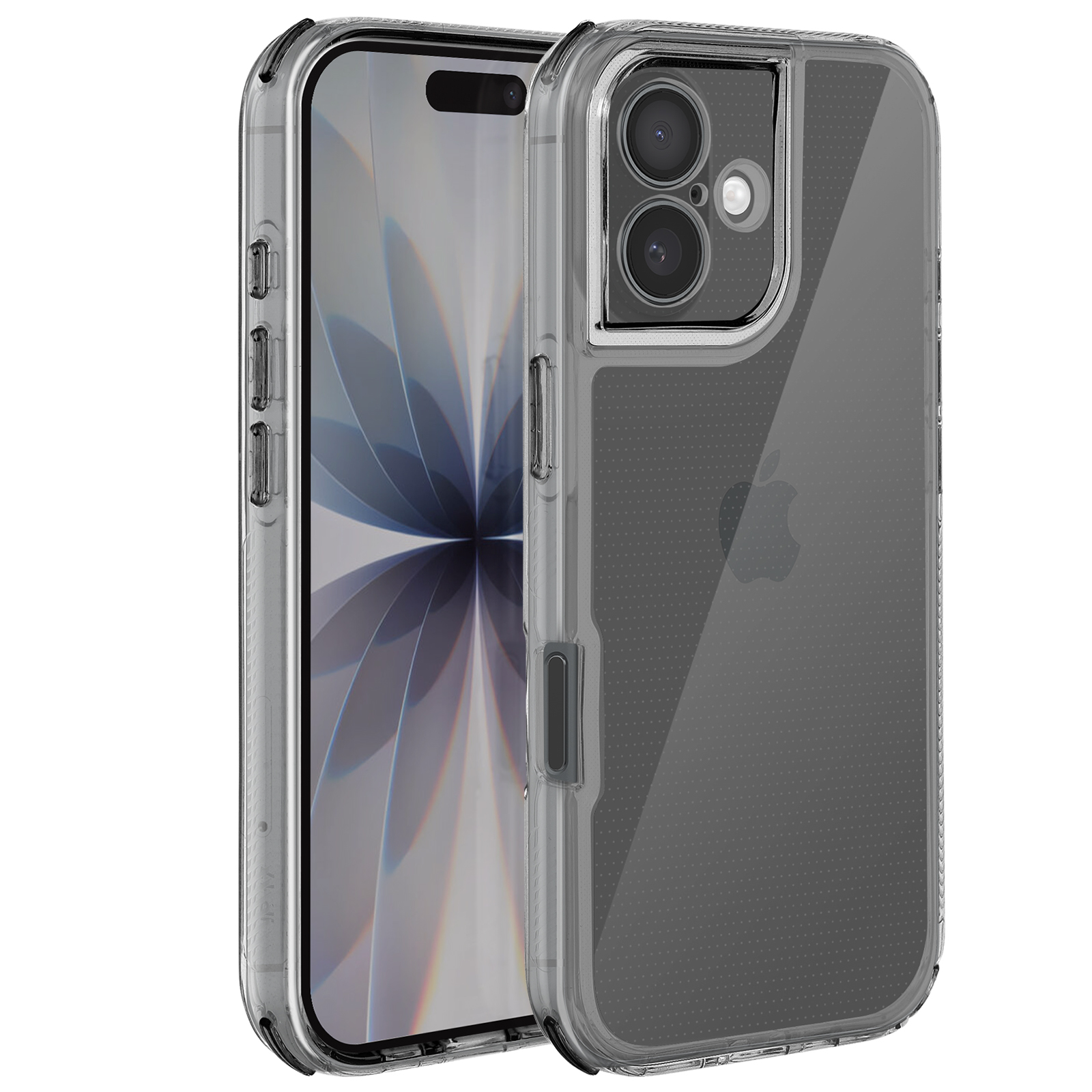 Custodia trasparente per telefono con iPhone all'interno. La custodia ha un ritaglio per la fotocamera e pulsanti. Il logo Apple è visibile.