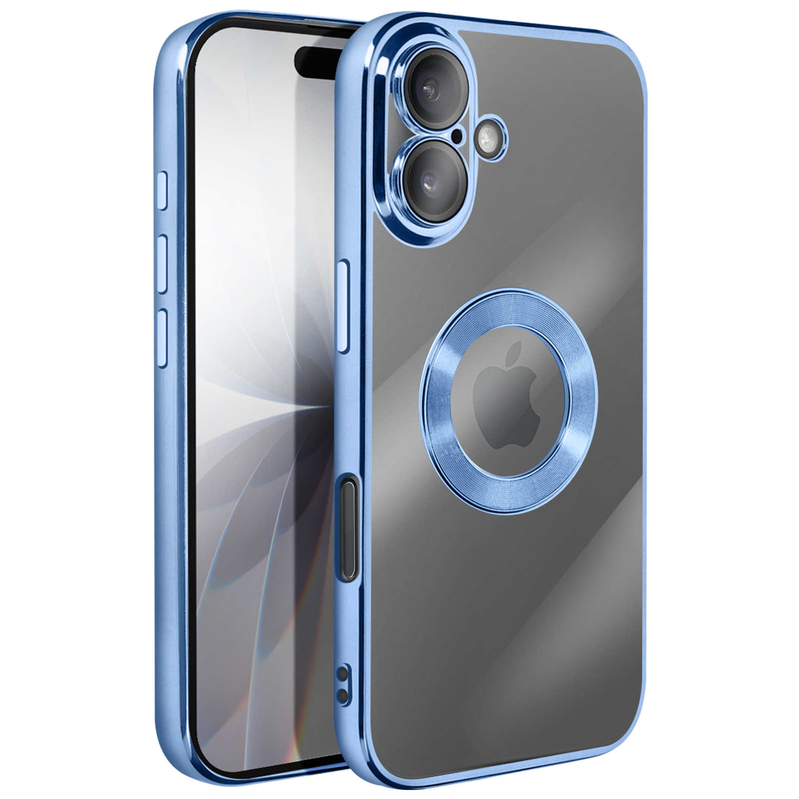 Coque de téléphone bleue avec dos transparent et logo Apple. Elle a un cadre et un anneau de caméra bleus.