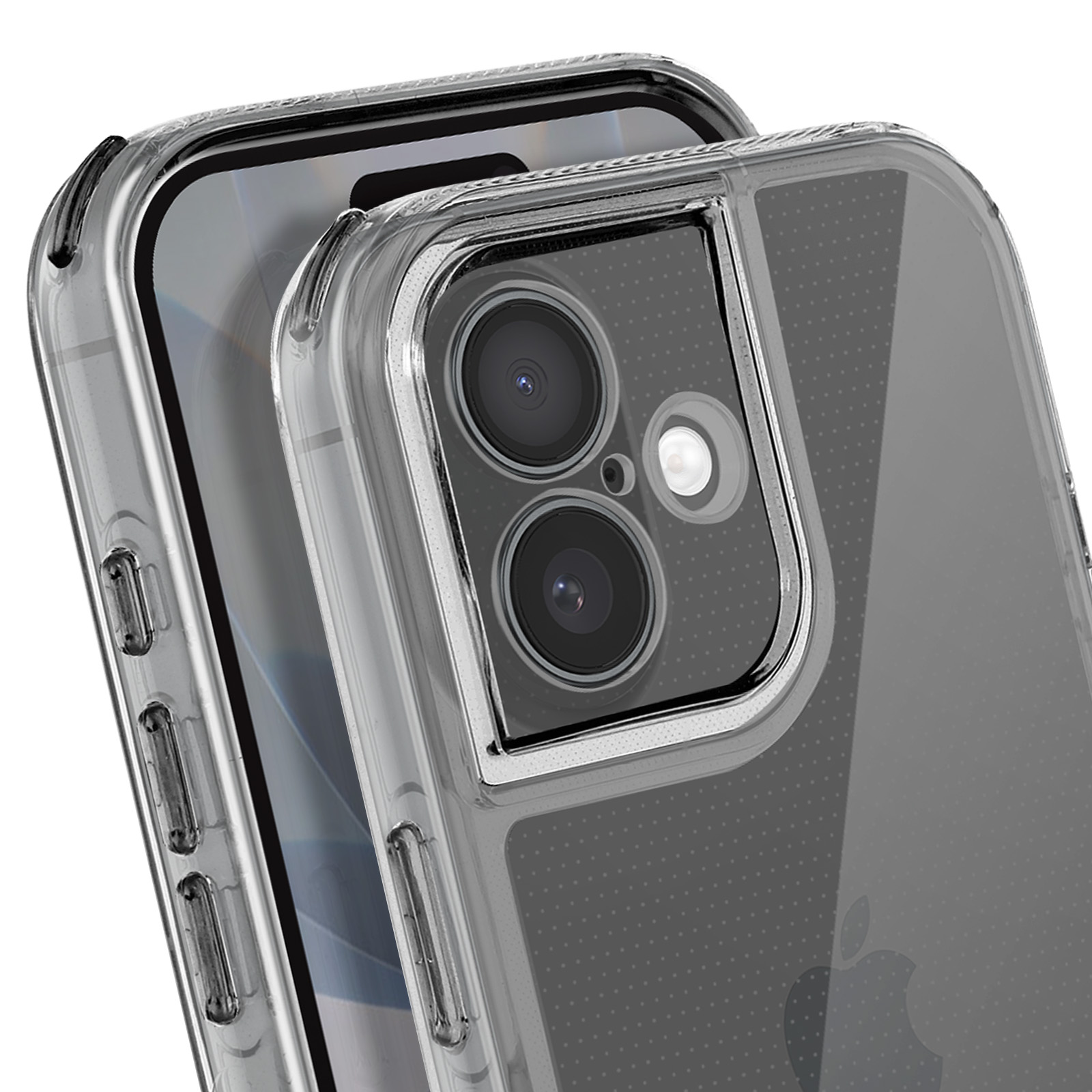 Custodia trasparente per telefono su un telefono. Obiettivi della fotocamera e pulsanti laterali visibili. Sfondo grigio.
