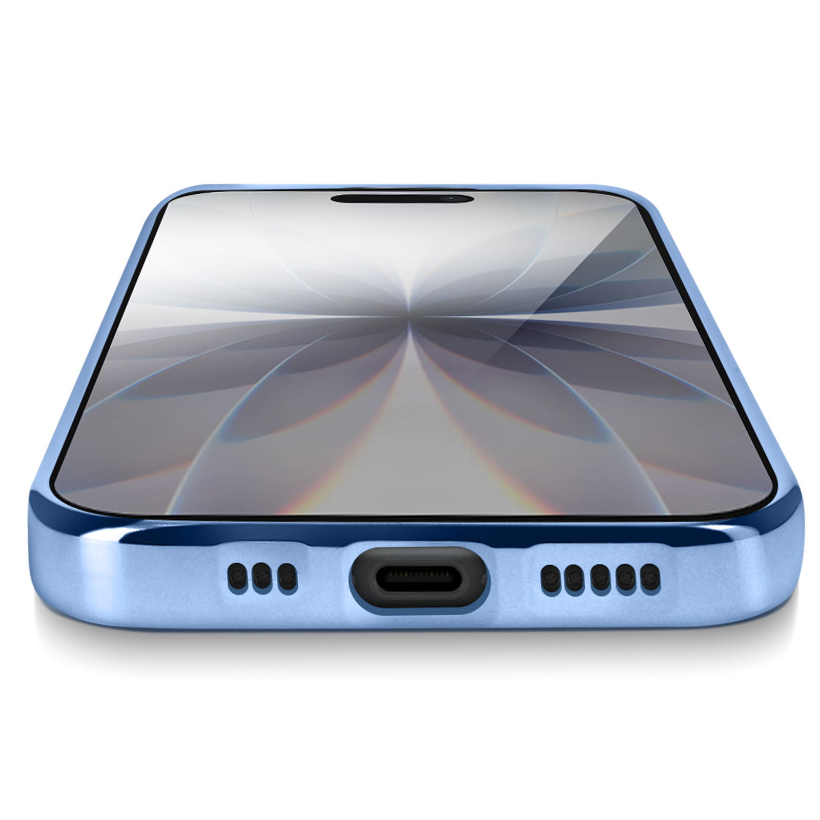 Gros plan d'un smartphone bleu clair. L'écran présente un design abstrait en miroir. Le bas comporte des trous et un port de chargement.