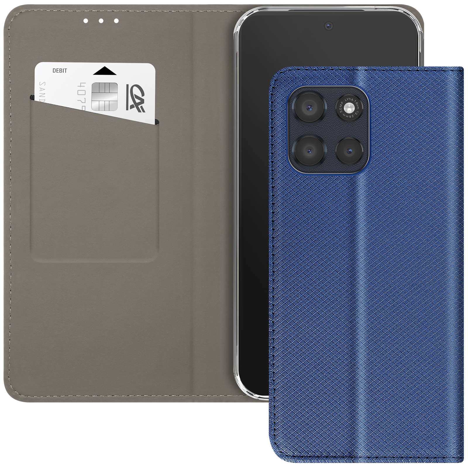 Telefono in custodia blu, porta carte grigio con carta di debito. Lo schermo del telefono è visibile. La custodia copre il telefono.