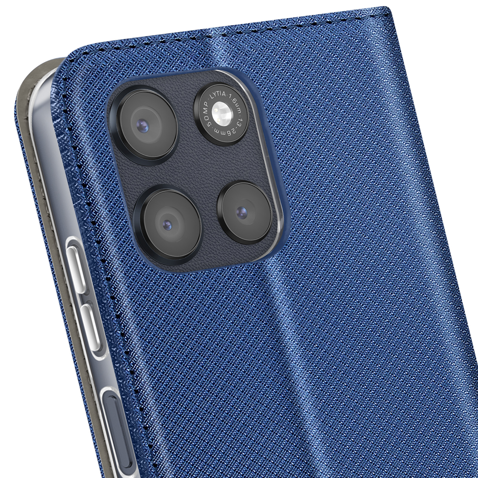 Primo piano di una custodia blu per telefono con modulo fotocamera. La custodia ha una superficie strutturata. La fotocamera ha più lenti.