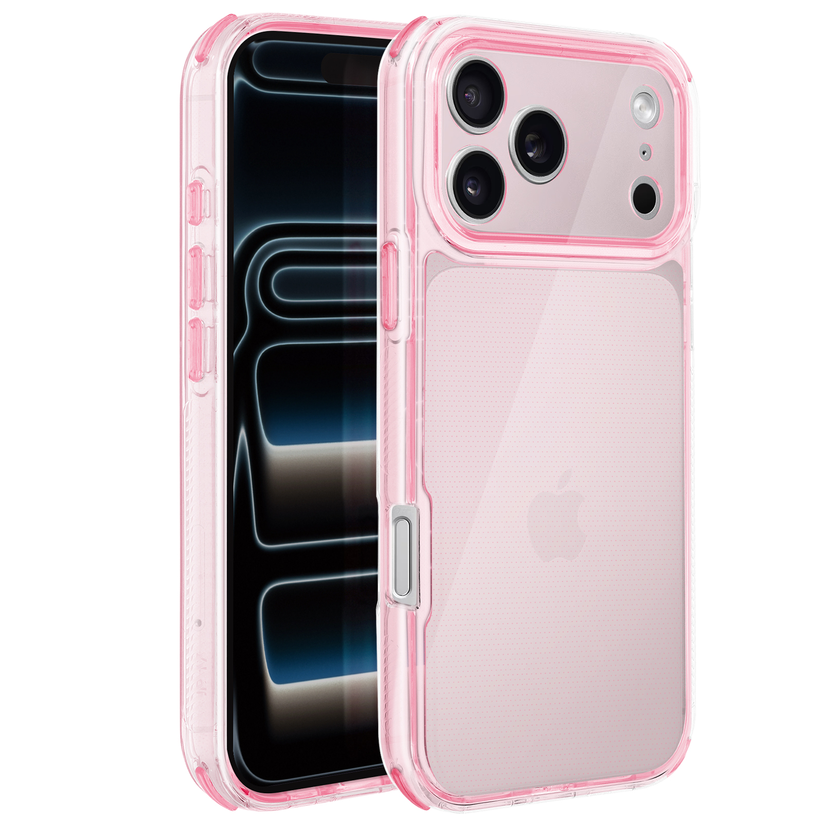 Coque rose pour iPhone avec dos transparent. La coque a un cadre rose et recouvre les boutons et l'appareil photo du téléphone.