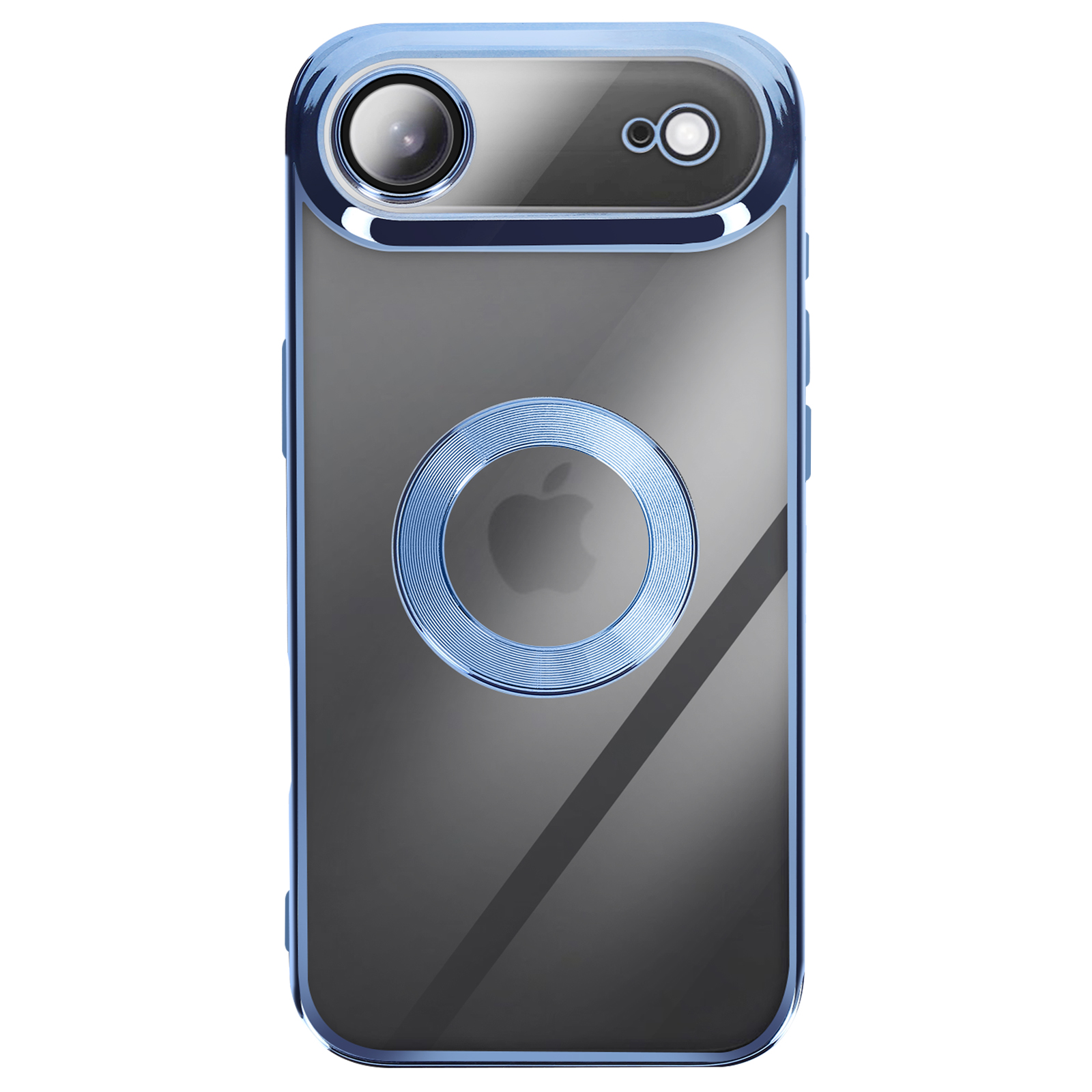 Una custodia per telefono con bordo blu, foro per fotocamera e logo Apple sul retro.