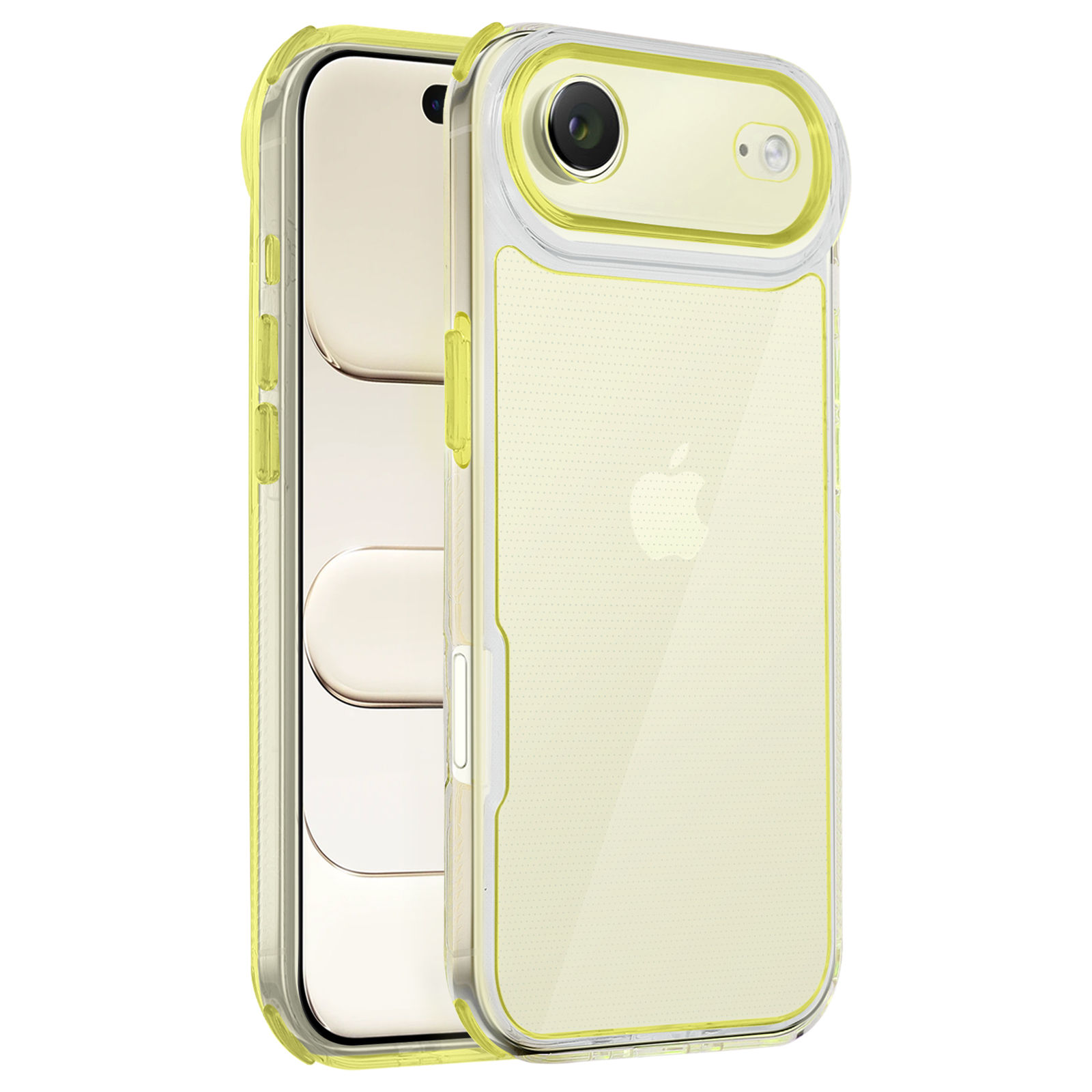 Un iPhone racchiuso in una custodia protettiva gialla e trasparente. La custodia ha un retro trasparente, una cornice gialla e un ritaglio per la fotocamera.