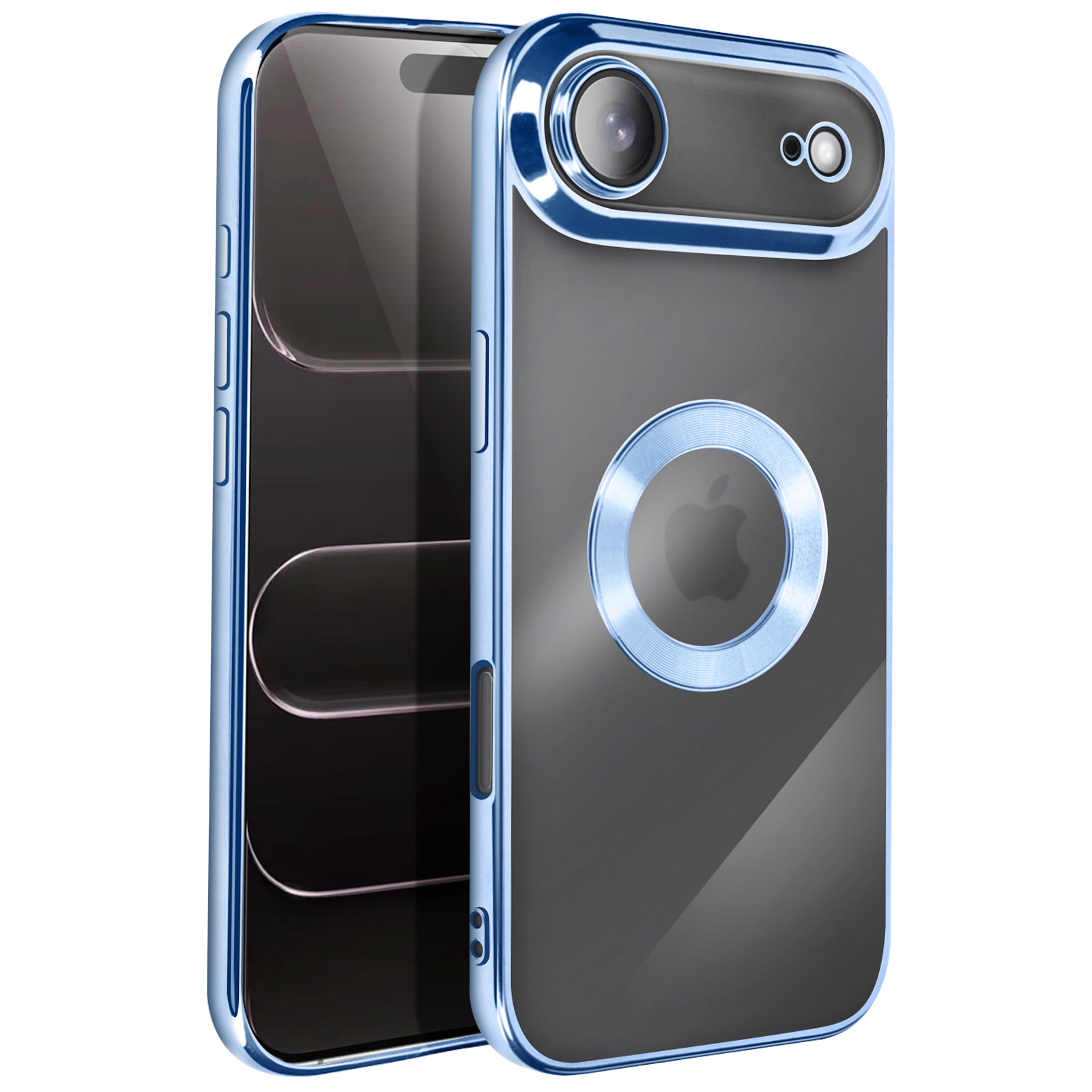 Custodia blu per telefono con anello per fotocamera e logo Apple. Schermo del telefono visibile. Sfondo bianco.
