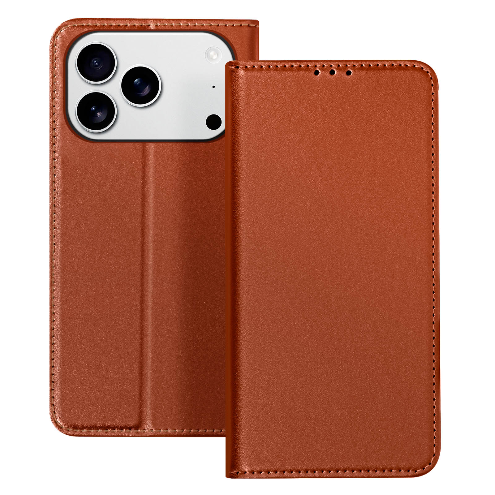 Una custodia per telefono in pelle marrone. La custodia è aperta, mostrando le lenti della fotocamera del telefono e l'interno.
