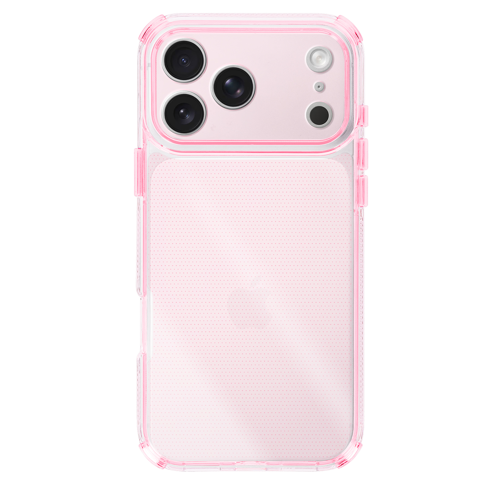 Une coque de téléphone transparente avec des bords roses et un intérieur rose à pois. Elle a plusieurs trous pour l'appareil photo. Le fond est blanc.