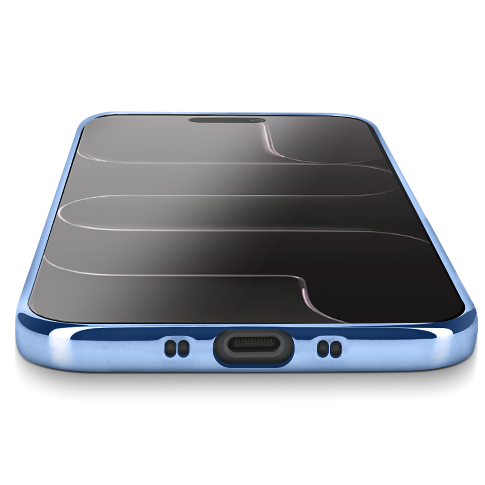 Una custodia blu per telefono con schermo nero. Lo schermo ha linee curve. La parte inferiore ha una porta di ricarica e fori per altoparlanti.