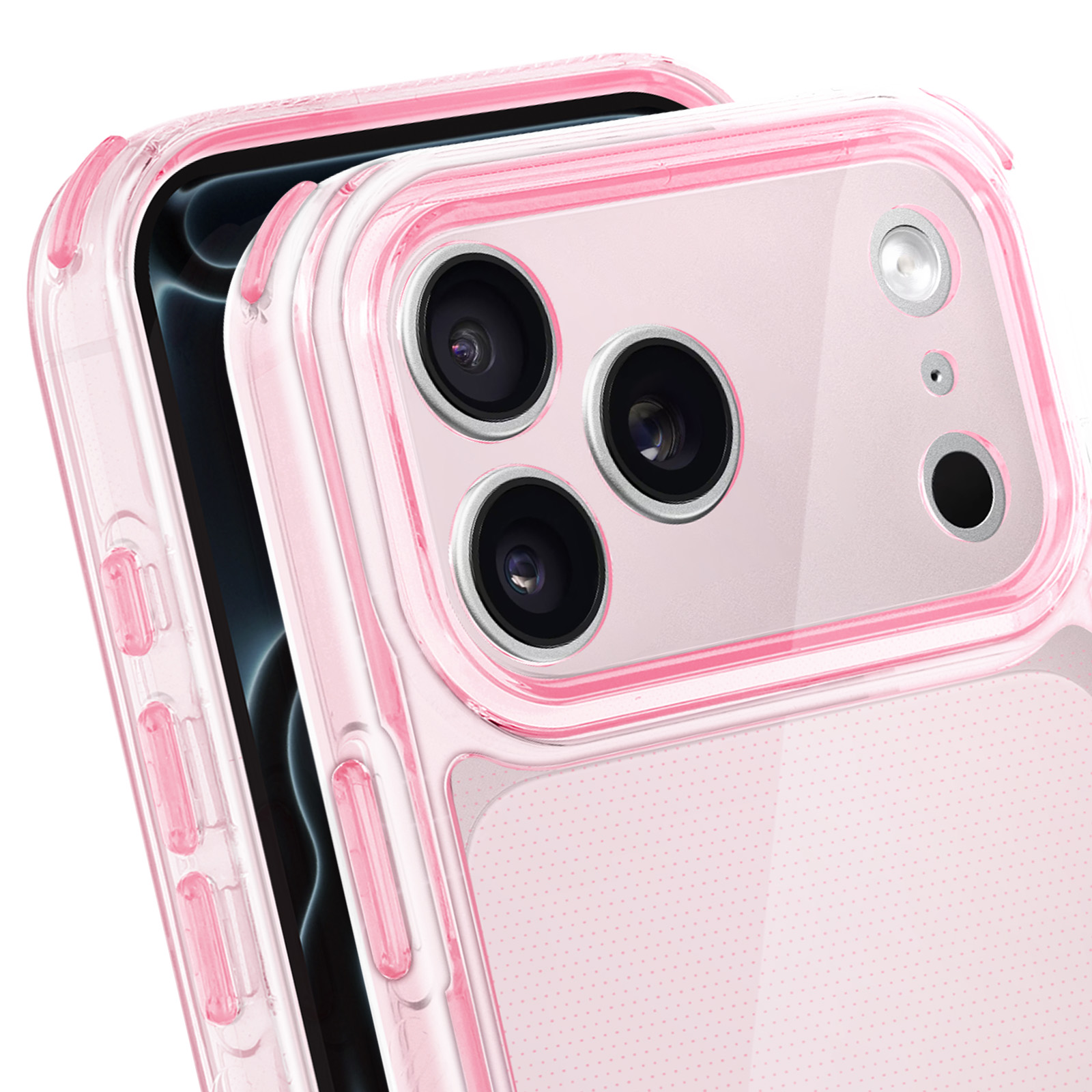 Gros plan sur une coque de téléphone rose avec un dos transparent, révélant les lentilles de la caméra du téléphone. La coque a un design protecteur.