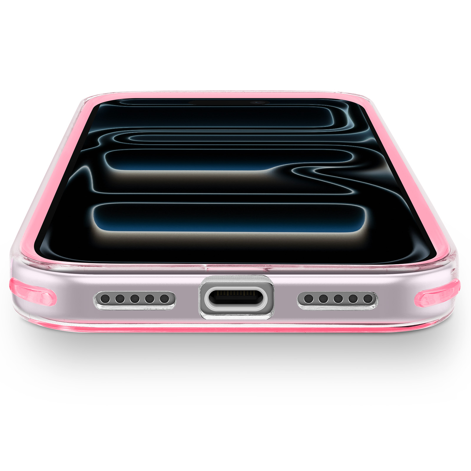 Une coque de téléphone transparente avec un bord rose. L'écran affiche un fond noir avec un motif ondulé.