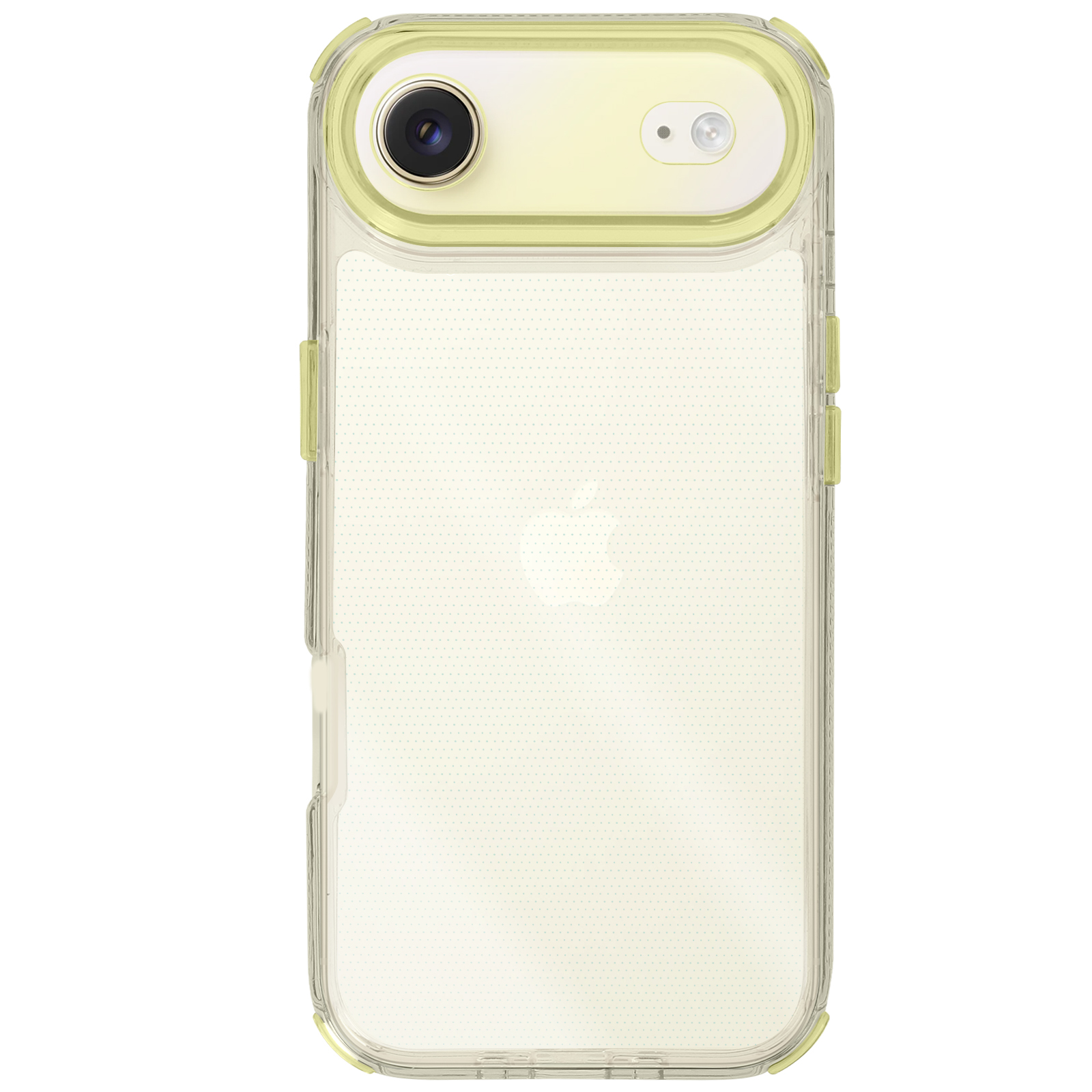 Una custodia trasparente per telefono con accenti gialli. Presenta un ritaglio per la fotocamera e il logo Apple sul retro. Lo sfondo è bianco.