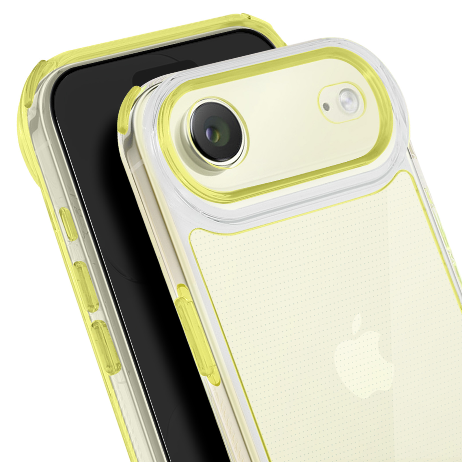Un iPhone con una custodia protettiva gialla e trasparente. La custodia evidenzia la fotocamera e i pulsanti. Il telefono è nero.