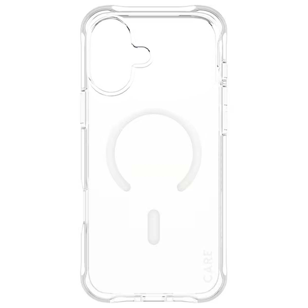 Une coque de téléphone transparente avec une découpe circulaire et une découpe rectangulaire verticale. Le mot 'CARE' est imprimé en bas à droite.