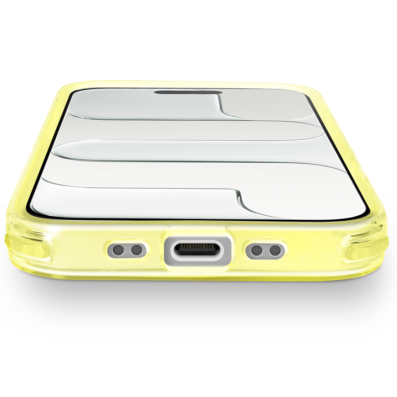 Una custodia per telefono giallo chiaro, con un design trasparente, è posizionata su una superficie bianca. Lo schermo è visibile.