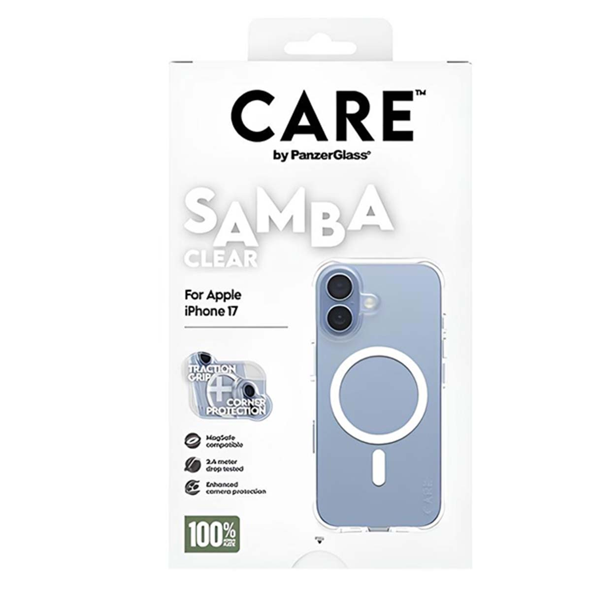 Un emballage de coque de téléphone, fond blanc. Le texte indique 'CARE' et 'SAMBA CLEAR'. Comprend une protection d'angle et un contour de téléphone.