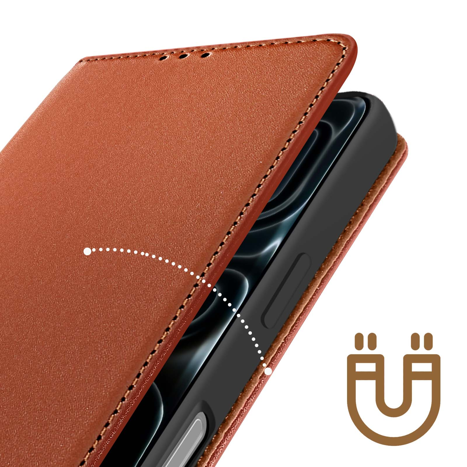 Una custodia in pelle marrone per telefono è aperta, rivelando il telefono. Un simbolo di magnete è a lato.