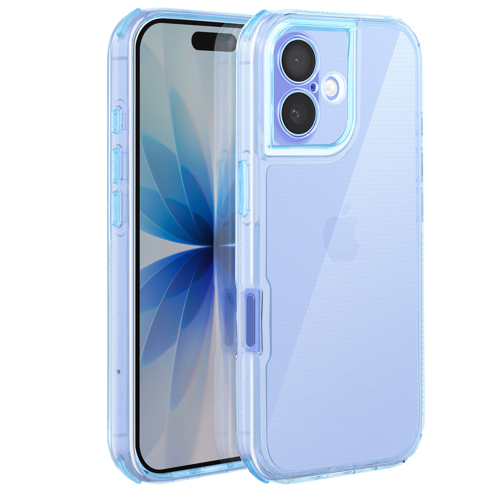 Una custodia trasparente per telefono su un telefono. La custodia ha un telaio blu e lo schermo del telefono è visibile.