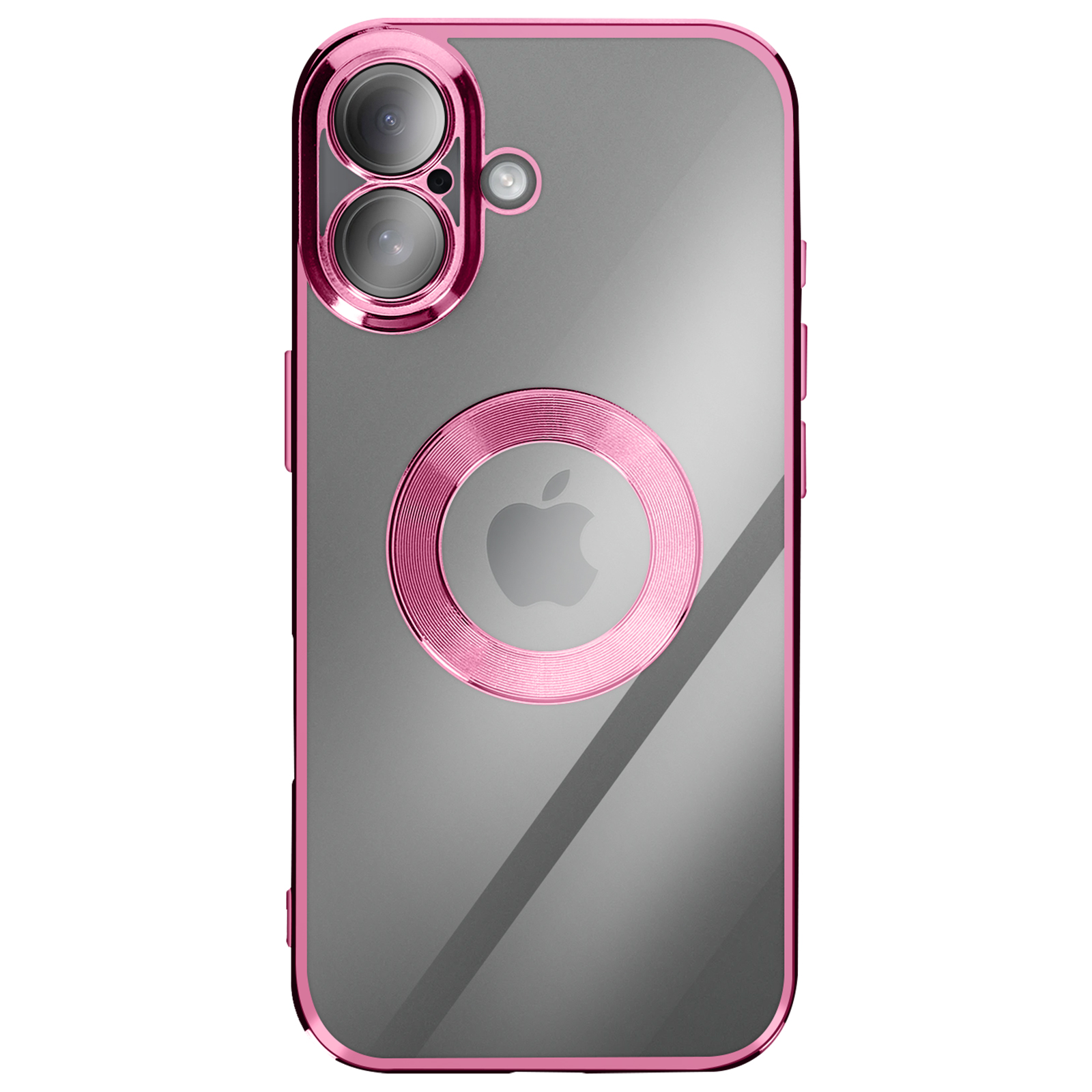 Transparante telefoonhoes met roze accenten. Cameraringen, Apple logo en roze frame.