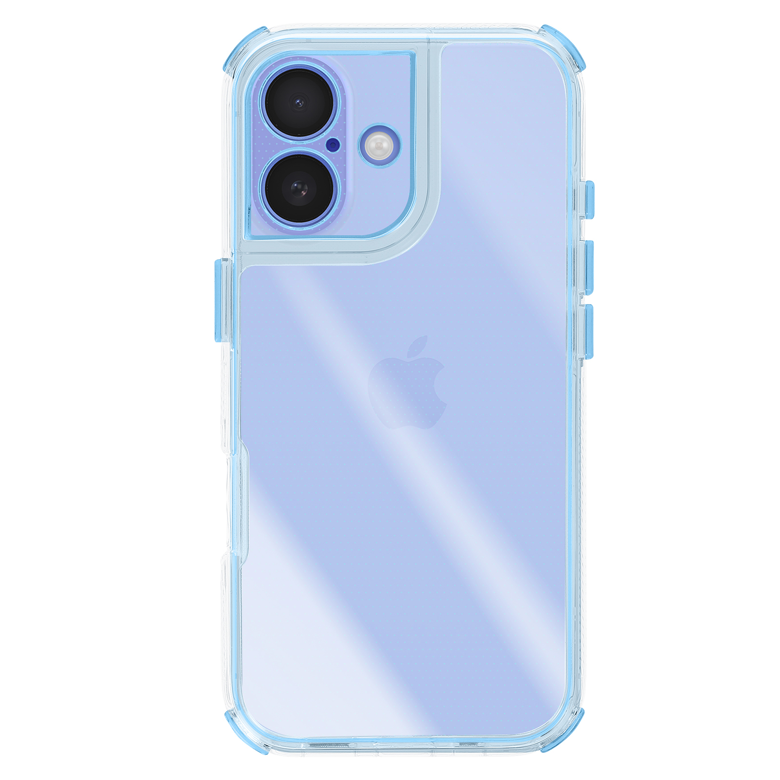 Custodia trasparente con dettagli blu, che copre il retro di un telefono. Con due fotocamere e il logo Apple.