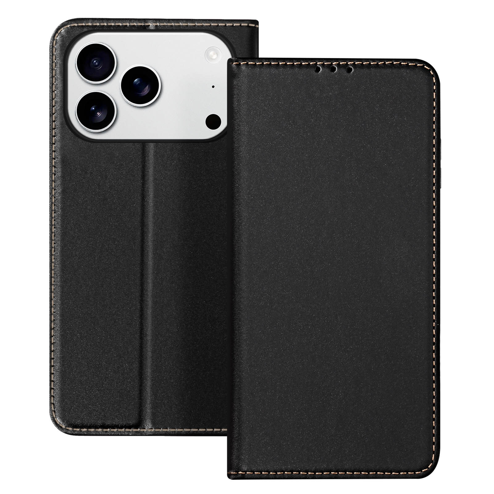 Custodia per telefono nera, aperta. Mostra la fotocamera del telefono e l'interno della custodia con cuciture.