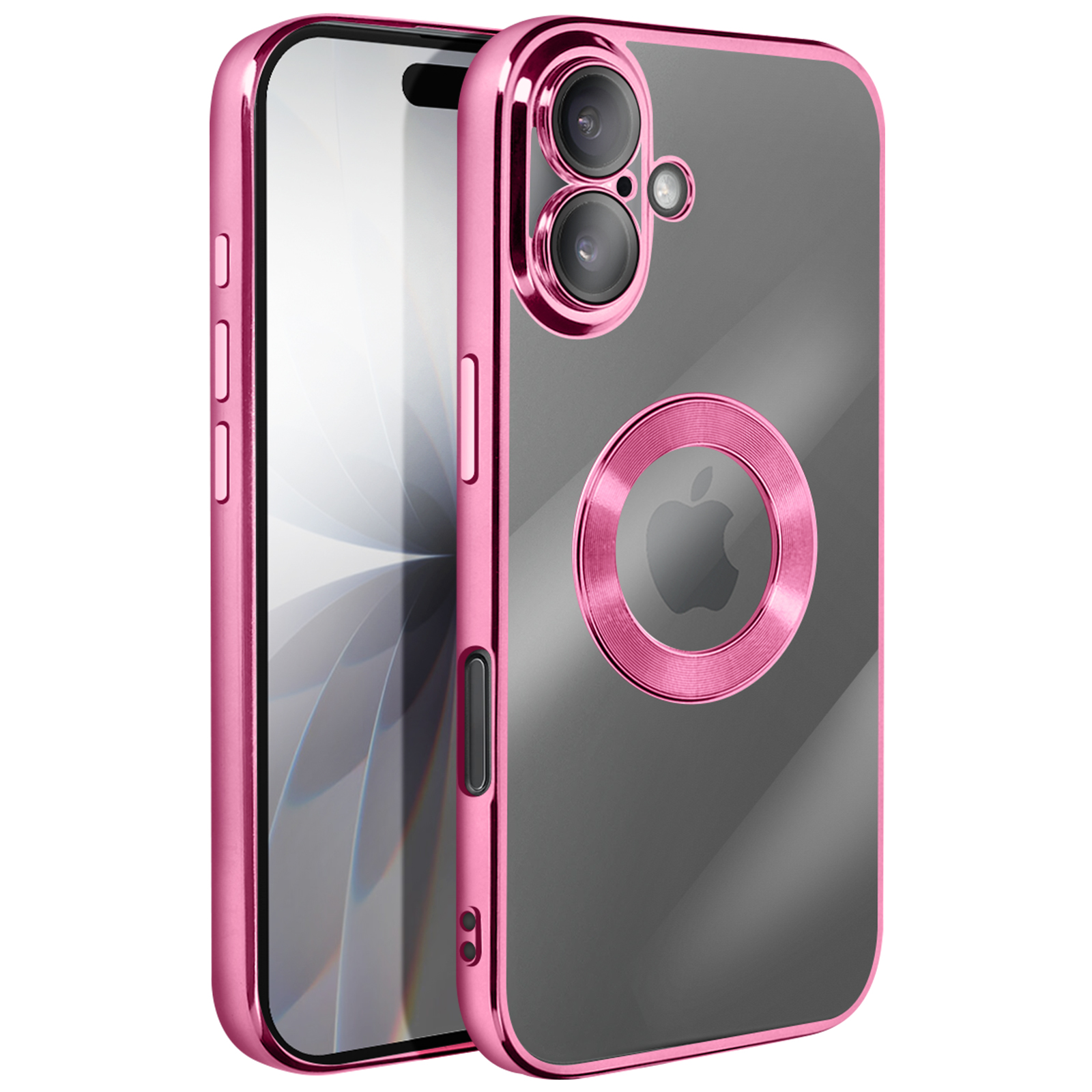 Een roze telefoonhoesje met een transparante achterkant. Voorzien van een metalen ring rond het Apple-logo en de camera. Glanzend.