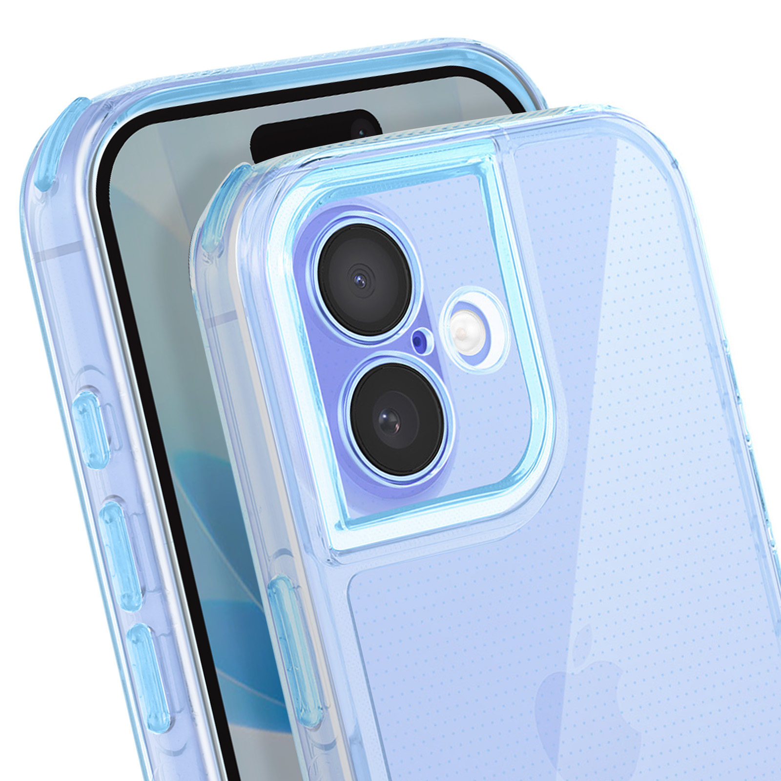 Primo piano di un telefono in una custodia trasparente azzurra. Il telefono ha uno schermo nero e un rigonfiamento della fotocamera.