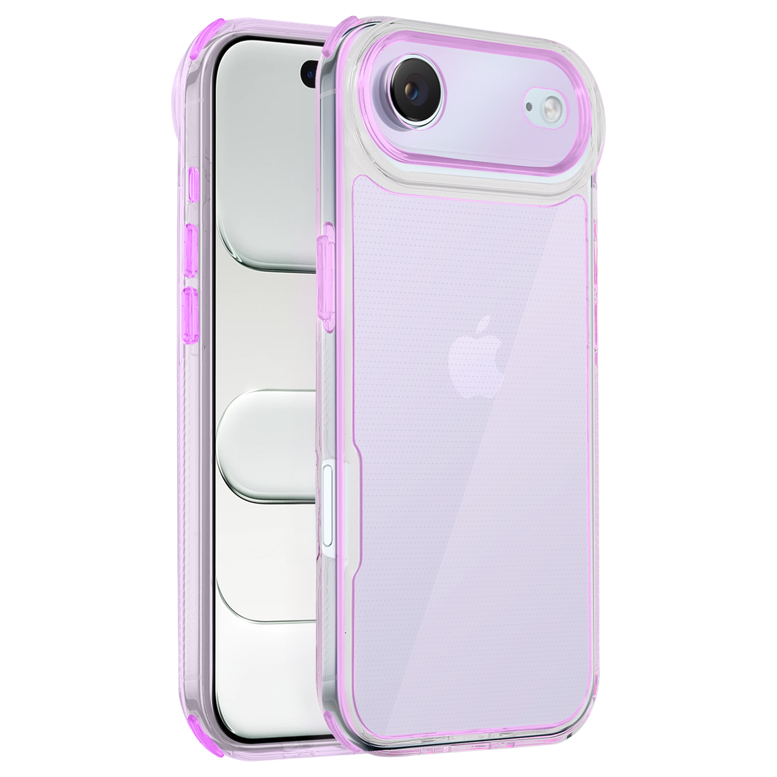 Custodia trasparente con dettagli rosa. Telefono visibile all'interno. Ritagli per fotocamera e pulsanti. Logo Apple visibile.