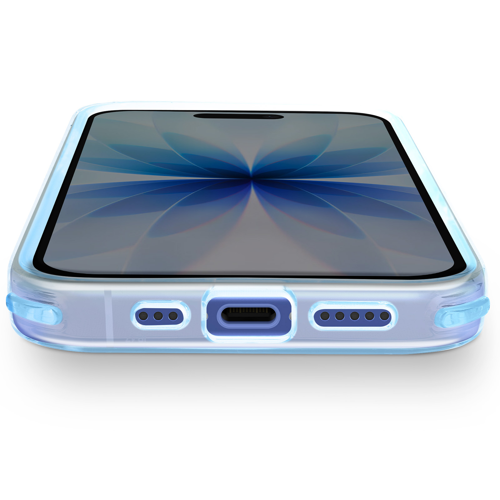 Uno smartphone in una custodia trasparente è mostrato dal basso. Lo schermo mostra un motivo blu. La custodia ha accenti blu.