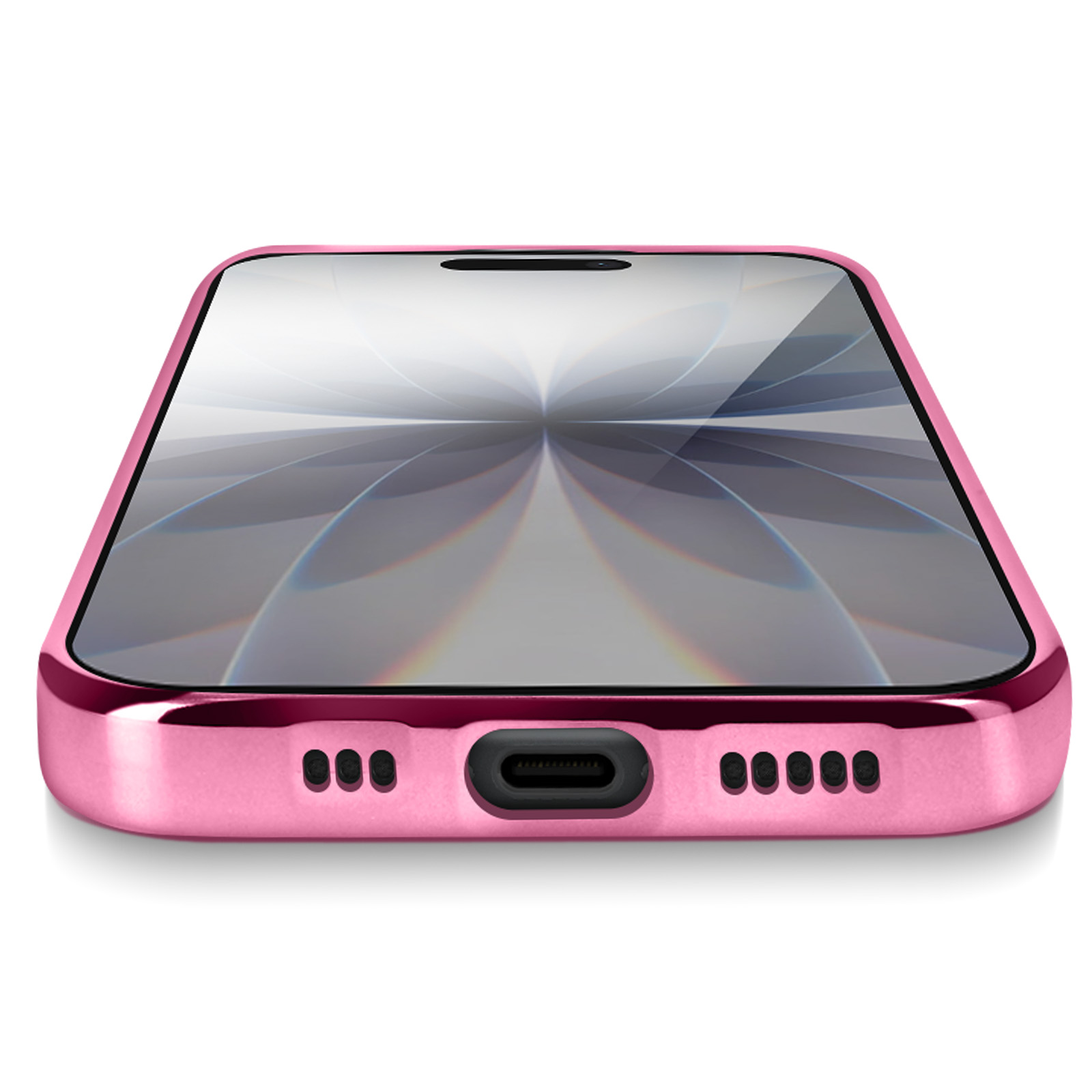 Een roze telefoon ligt horizontaal op een wit oppervlak. Het scherm toont een patroon. De onderkant heeft luidsprekers en een oplaadpoort.