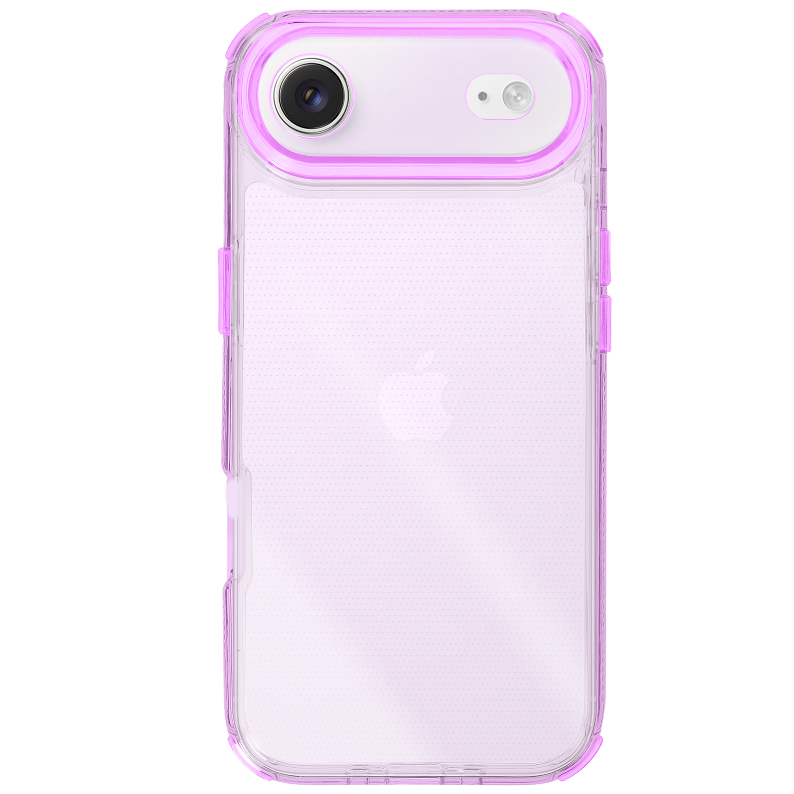 Una custodia trasparente per telefono con cornice, sezione fotocamera e pulsanti viola. Logo Apple visibile.