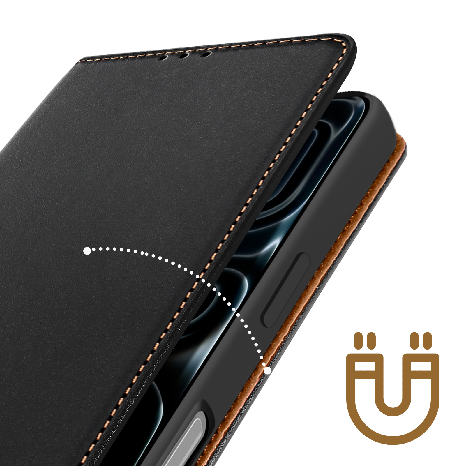 Custodia per telefono nera con cuciture e fodera marroni, aperta per rivelare il telefono. Simbolo del magnete a destra.