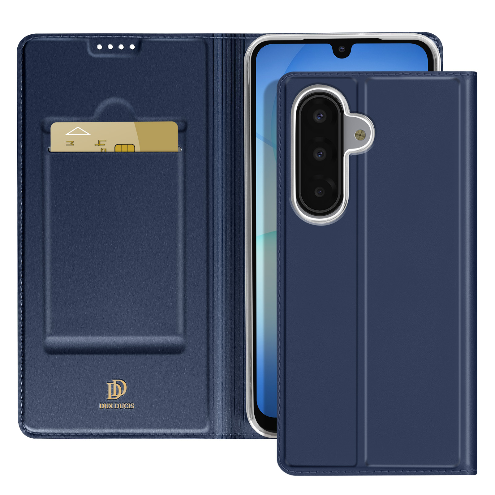 Una custodia blu per telefono con uno slot per schede e un telefono all'interno. Il telefono ha più fotocamere.