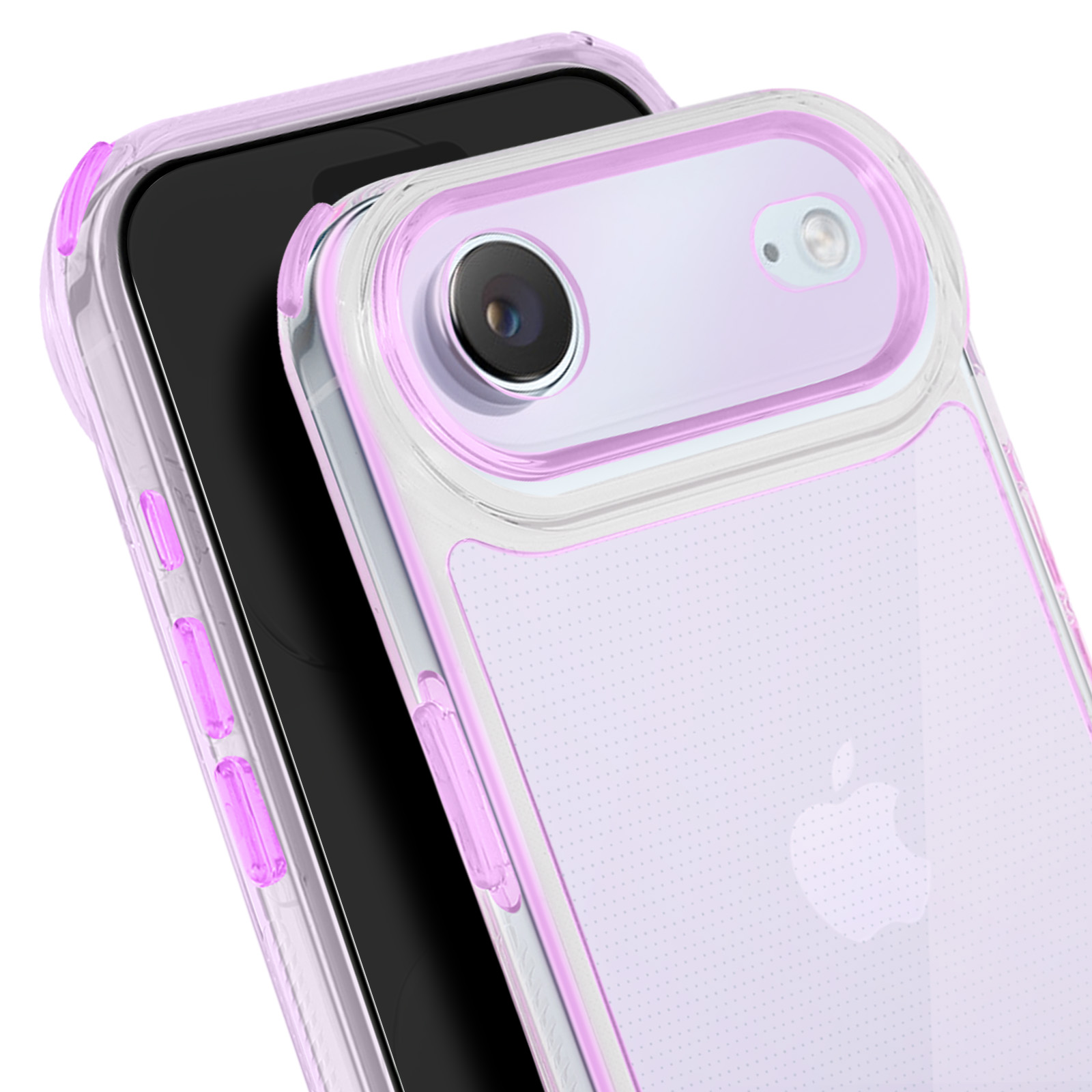 Primo piano di un telefono in una custodia trasparente con dettagli rosa. Il telefono è nero con una custodia viola chiaro. Il logo Apple è visibile.