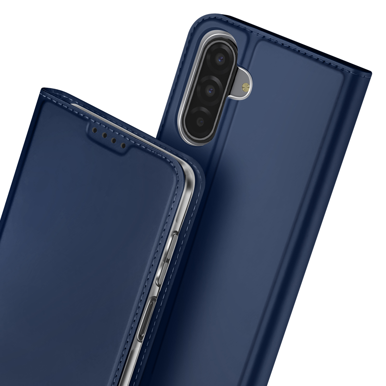 È mostrata una custodia per telefono blu scuro, che mostra sia la parte anteriore che quella posteriore. Il retro ha una configurazione a tripla fotocamera.