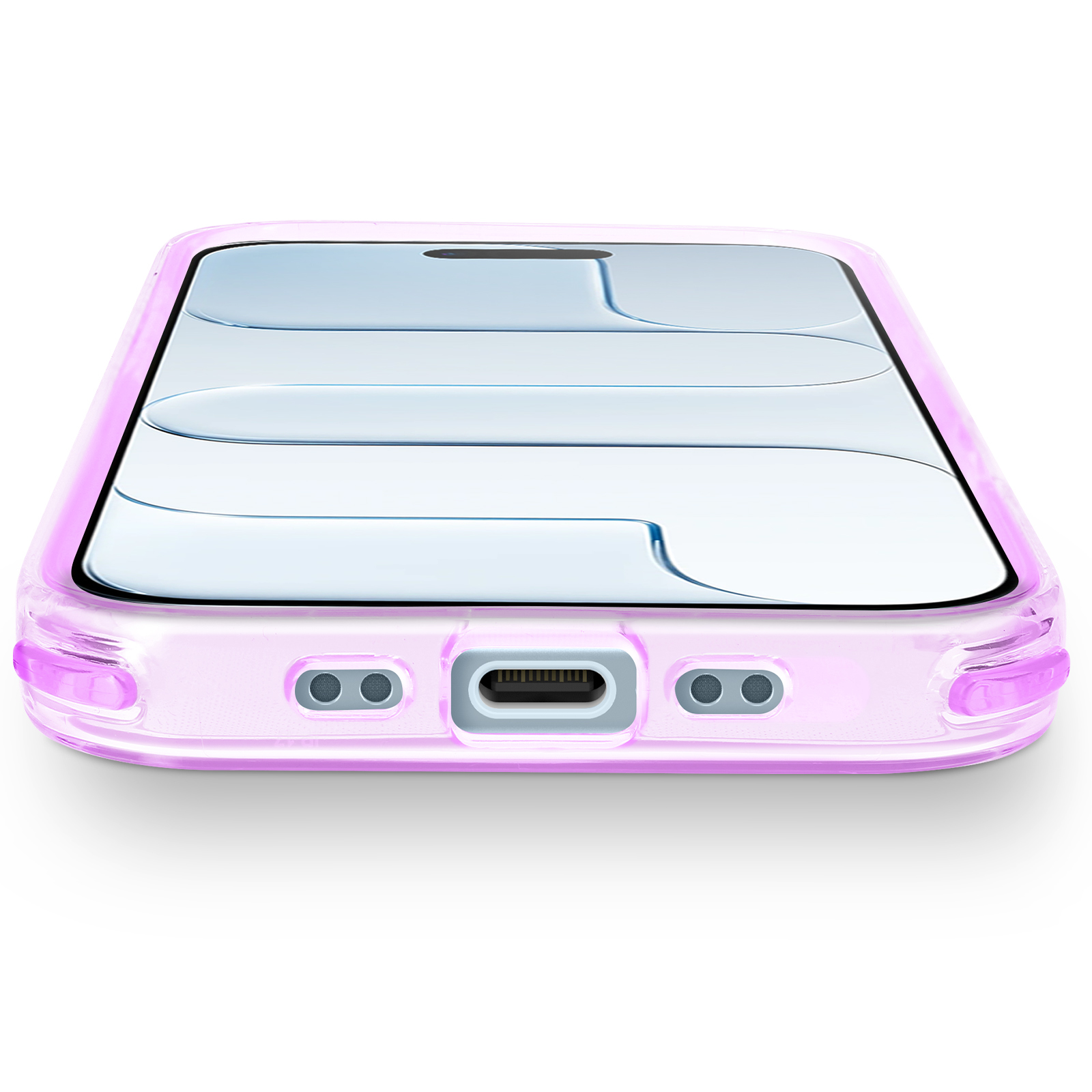 Una custodia rosa per telefono con un telefono all'interno. La custodia ha ritagli per la fotocamera e la porta di ricarica.