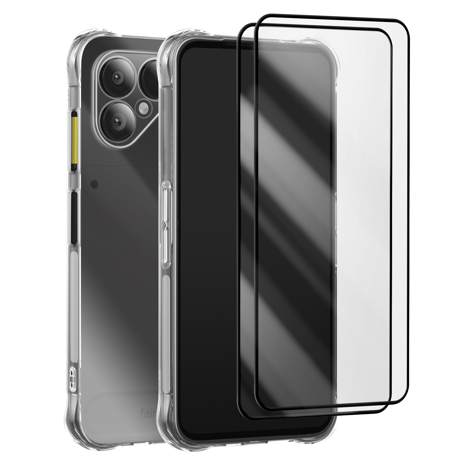 Un smartphone dans un étui transparent, avec un protecteur d'écran. Le téléphone est au milieu, avec un protecteur au-dessus.