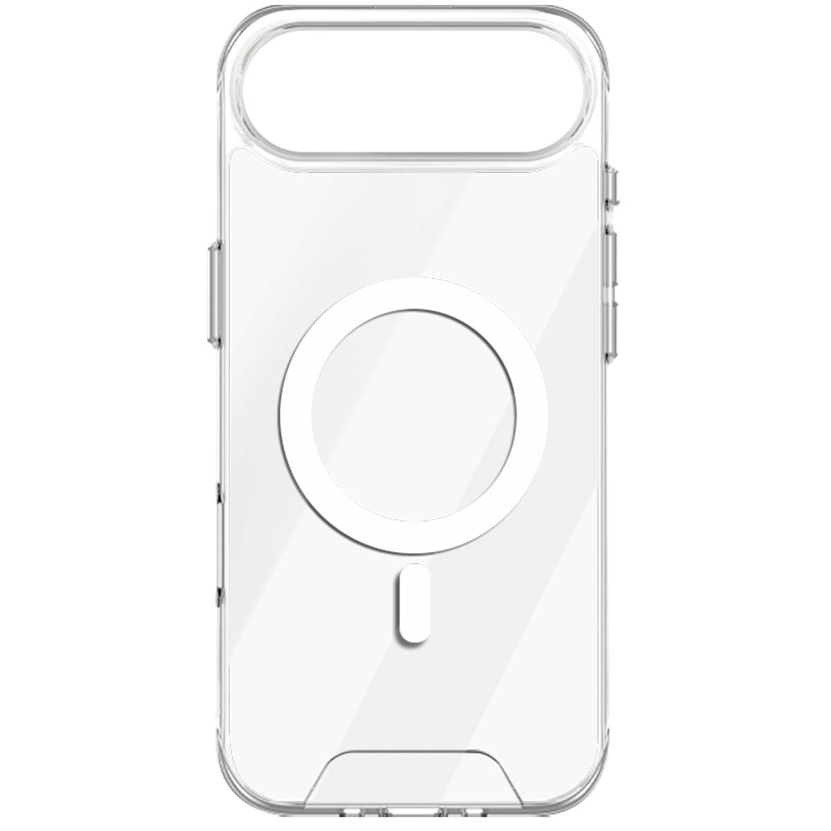 Una custodia trasparente per telefono con un anello MagSafe circolare bianco e un ritaglio in basso.