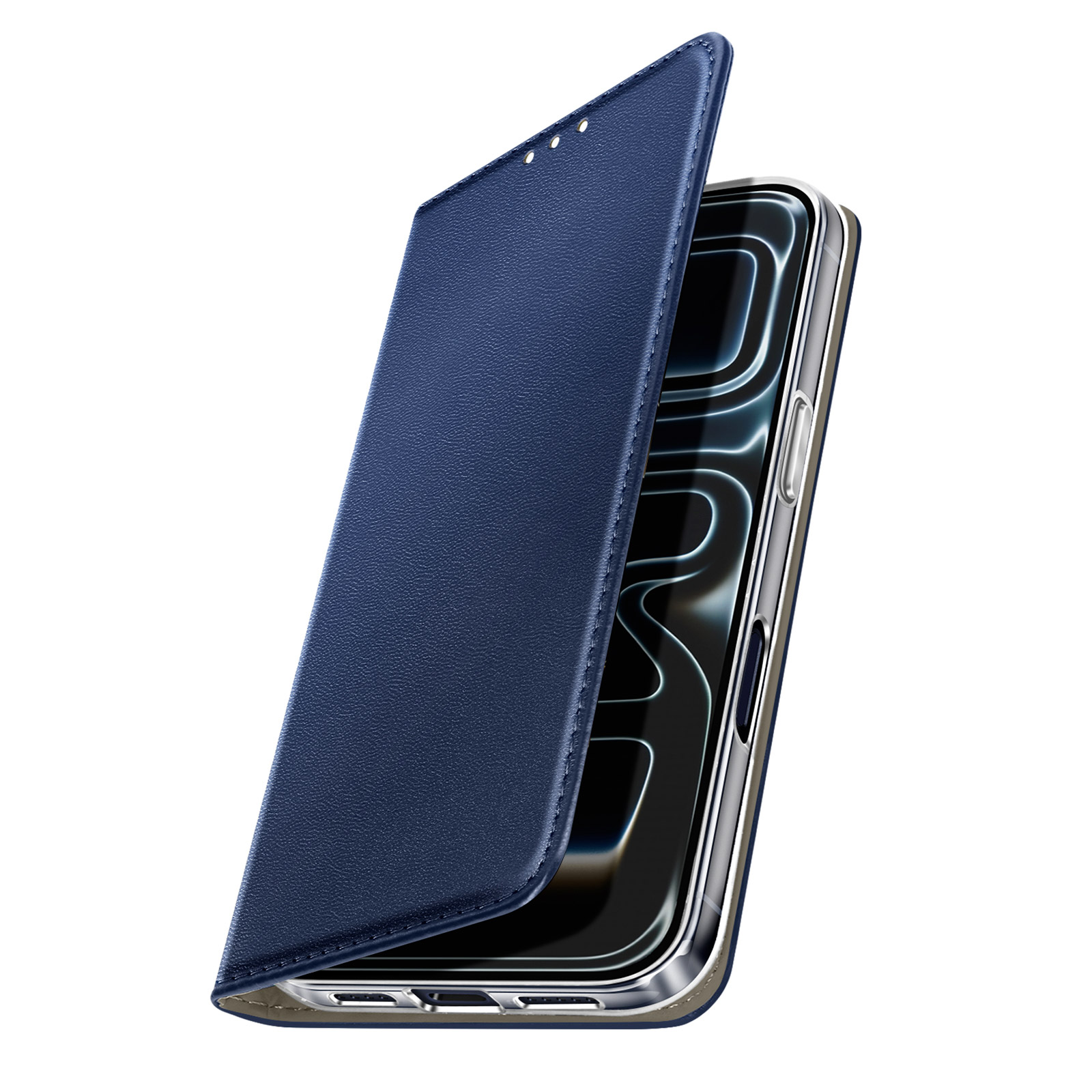 Una custodia blu per telefono è aperta, rivelando uno smartphone. La custodia è simile alla pelle, il telefono ha una cornice argentata e uno schermo nero.